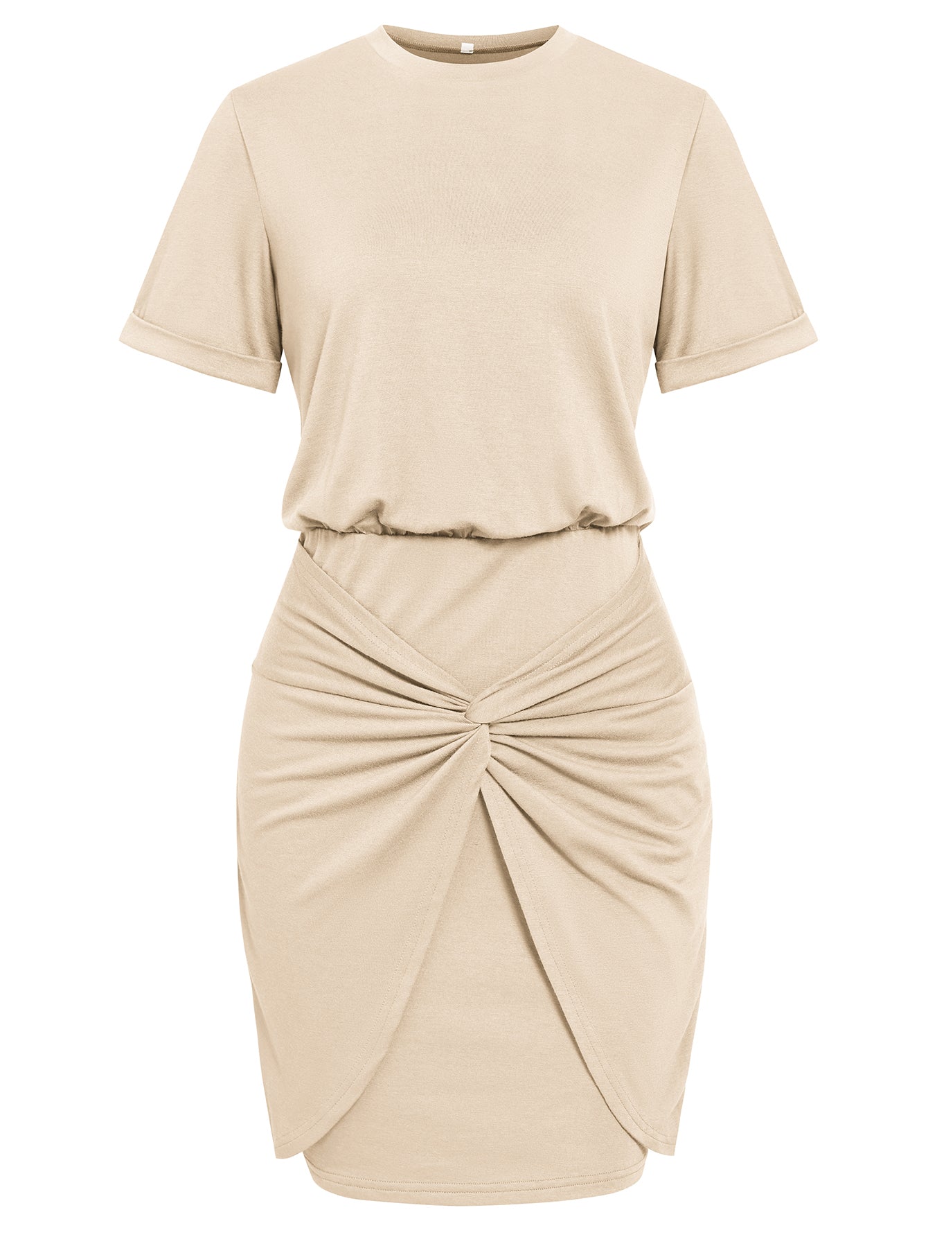 Women Short Sleeves Twisted Knot Ruched Wrap Mini Dress