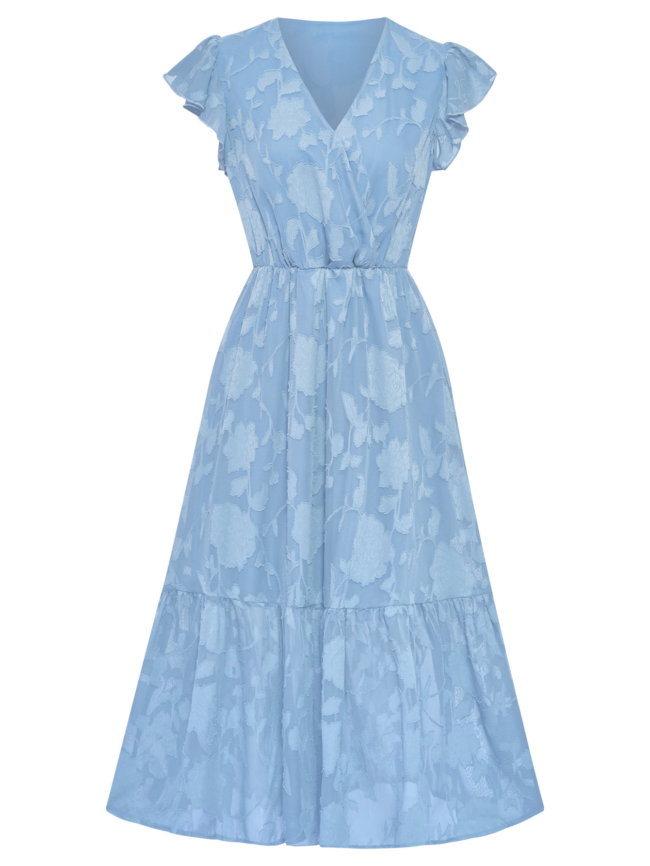 Women Floral Textured Long Dress V-Neckline Floral Sleeves