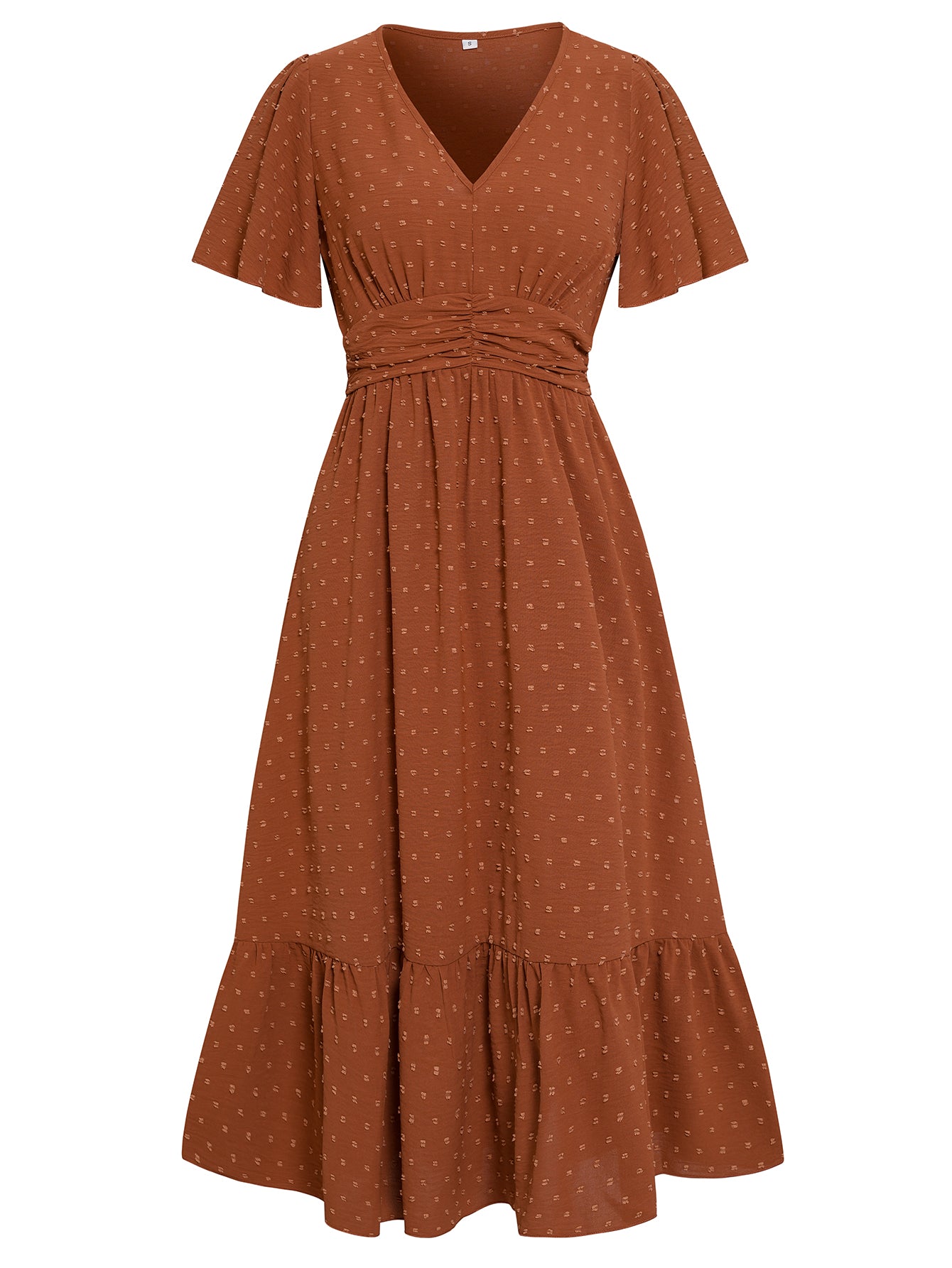 Women Swiss Dot Short Sleeves V Neckline Slim Waistline Long Dress Ruffle