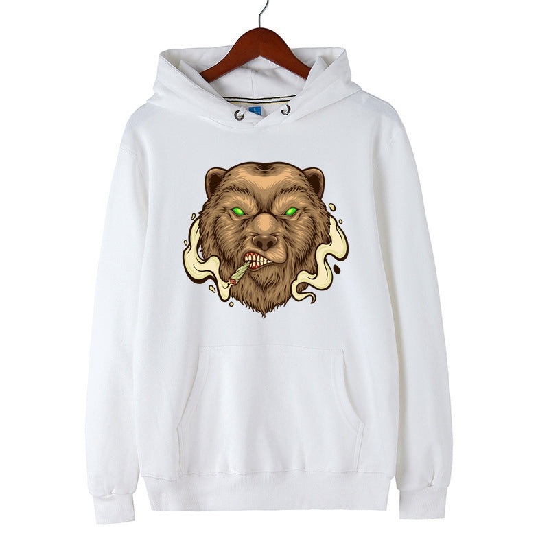 Men's Bear Hoodie Green Eyes Bear Graphic Print Sweatshirt Cotton Merch