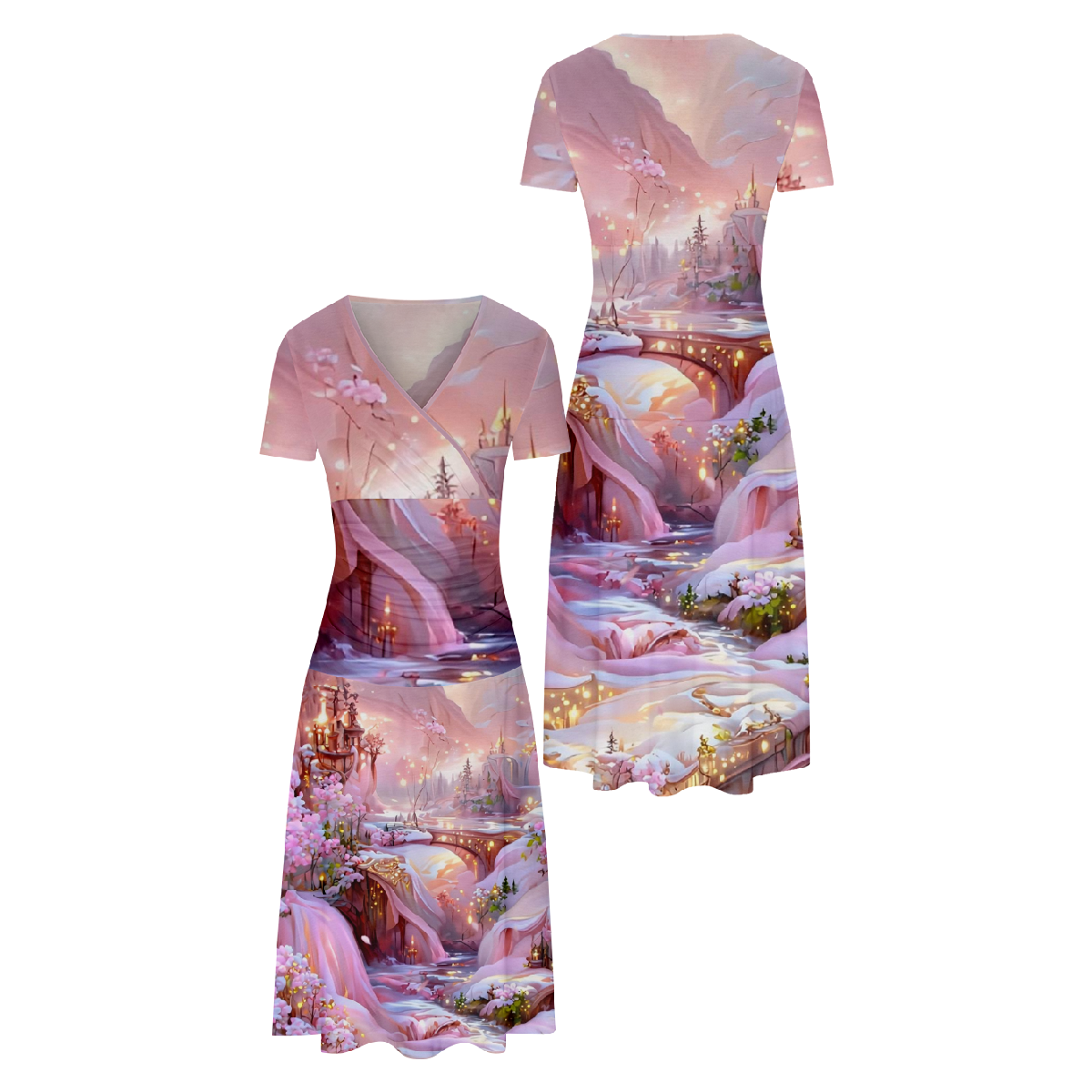 Castle Print Bodycon Dress Women Pink V-Neck Dress Short Sleeve Dress