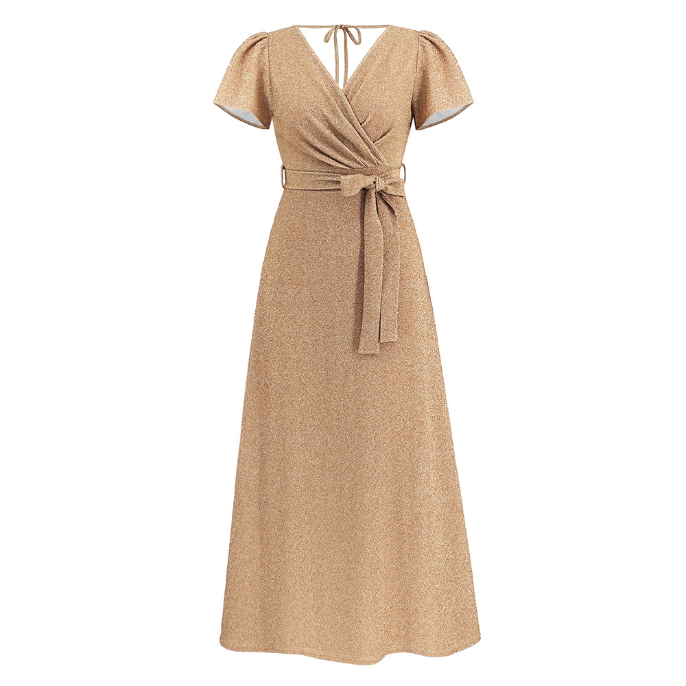 Women Short Sleeves V-Neckline Wrap Long Dress Solid Color