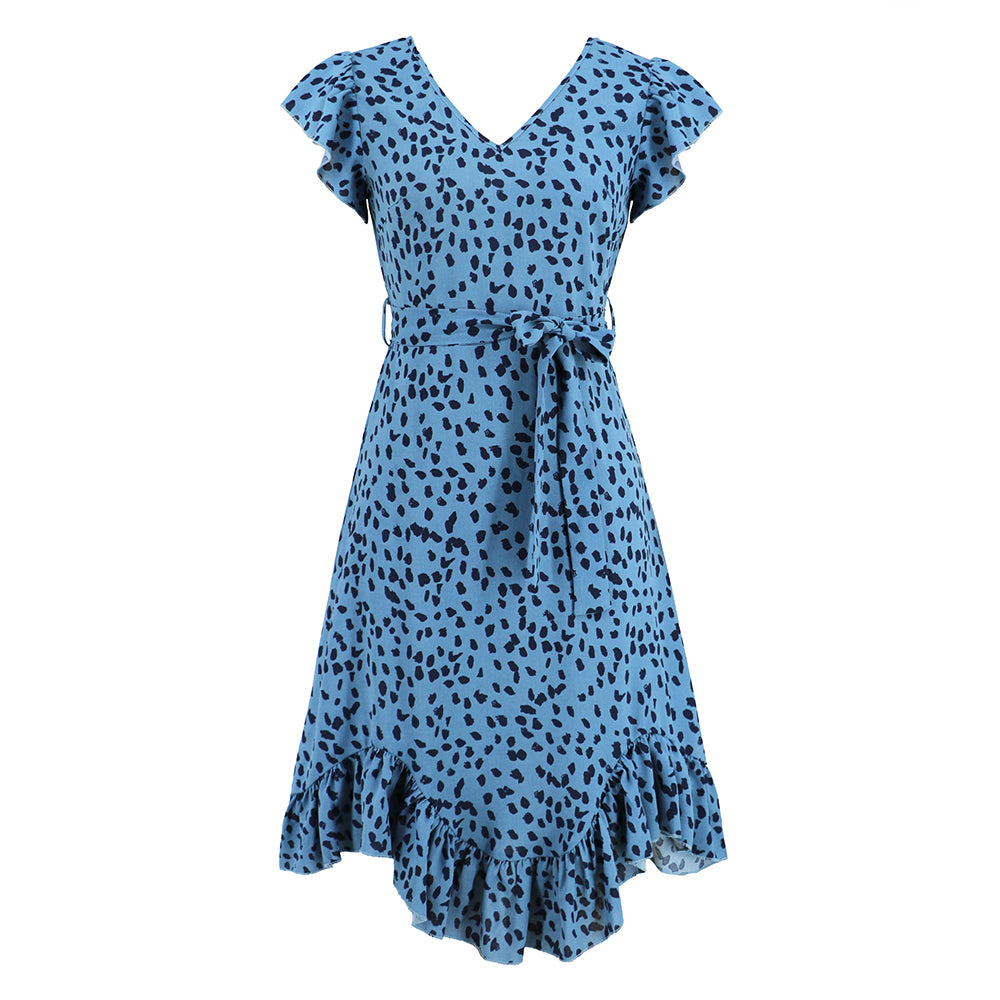 Women Polka Dot Dress Short Sleeves  V-Neckline Wrap Dress