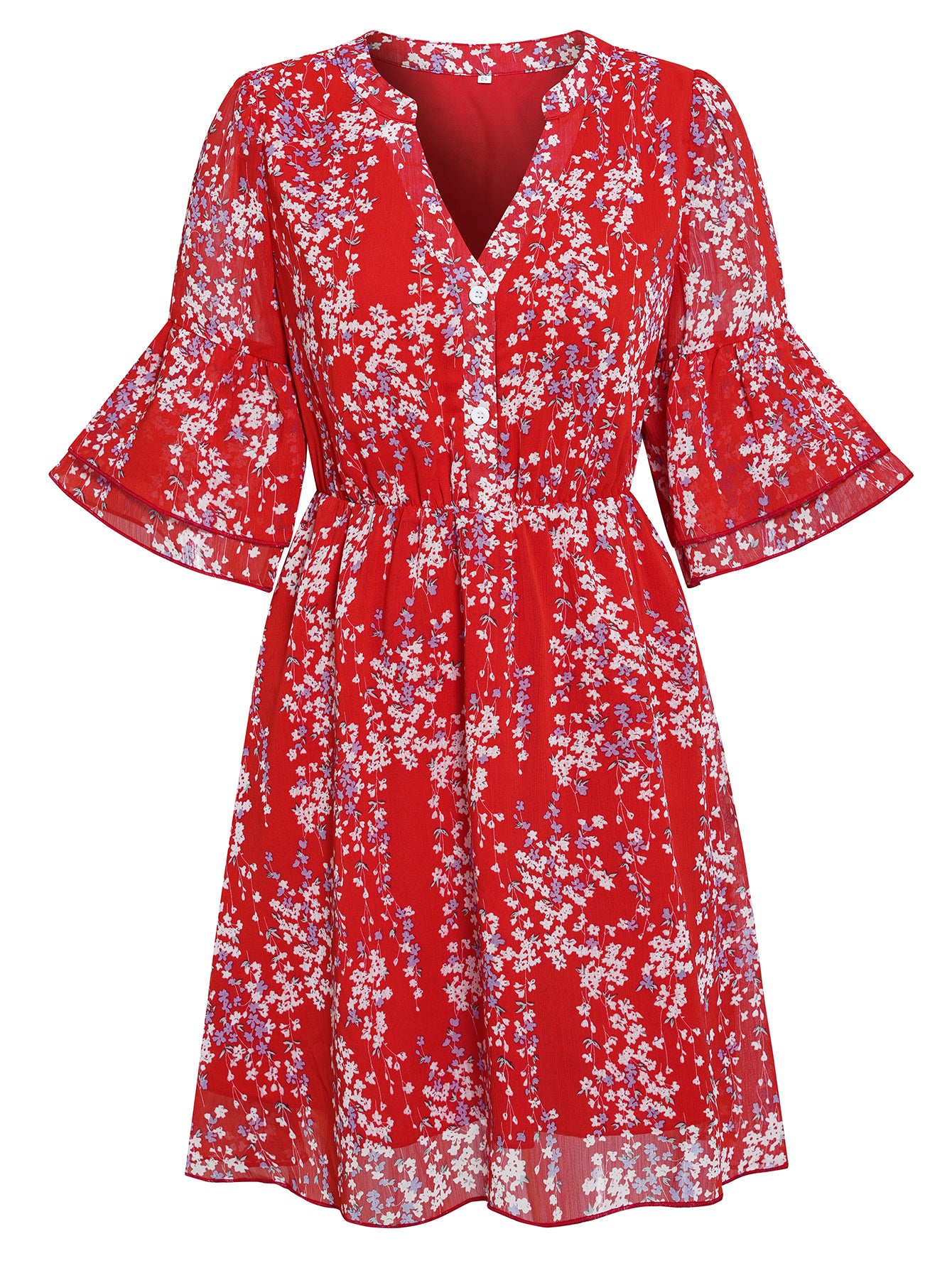 Women Floral Print Button Down Skirt Ruffle Sleeve V Neck Dress