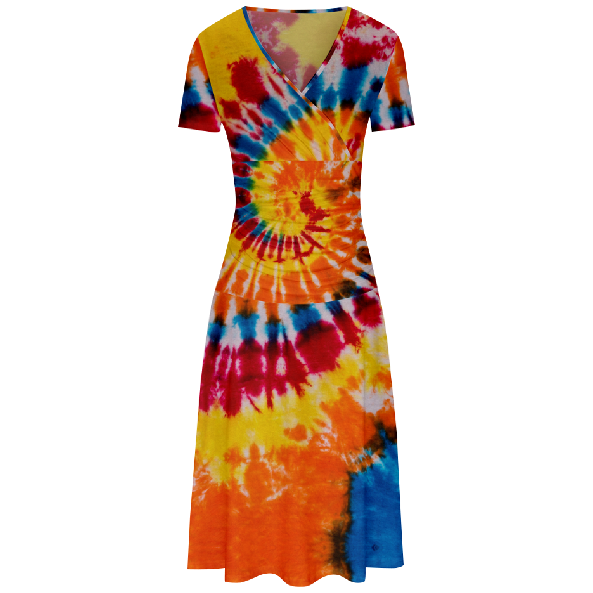 Women Tie Dye Bodycon Long Dress Short Sleeve V-Neckline Dress