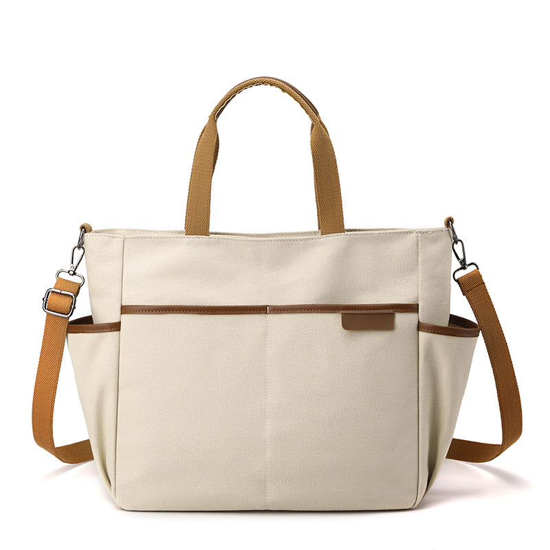 Women Plain Canvas Shoulder Bag with Side Pockets Multiple Functions Bag