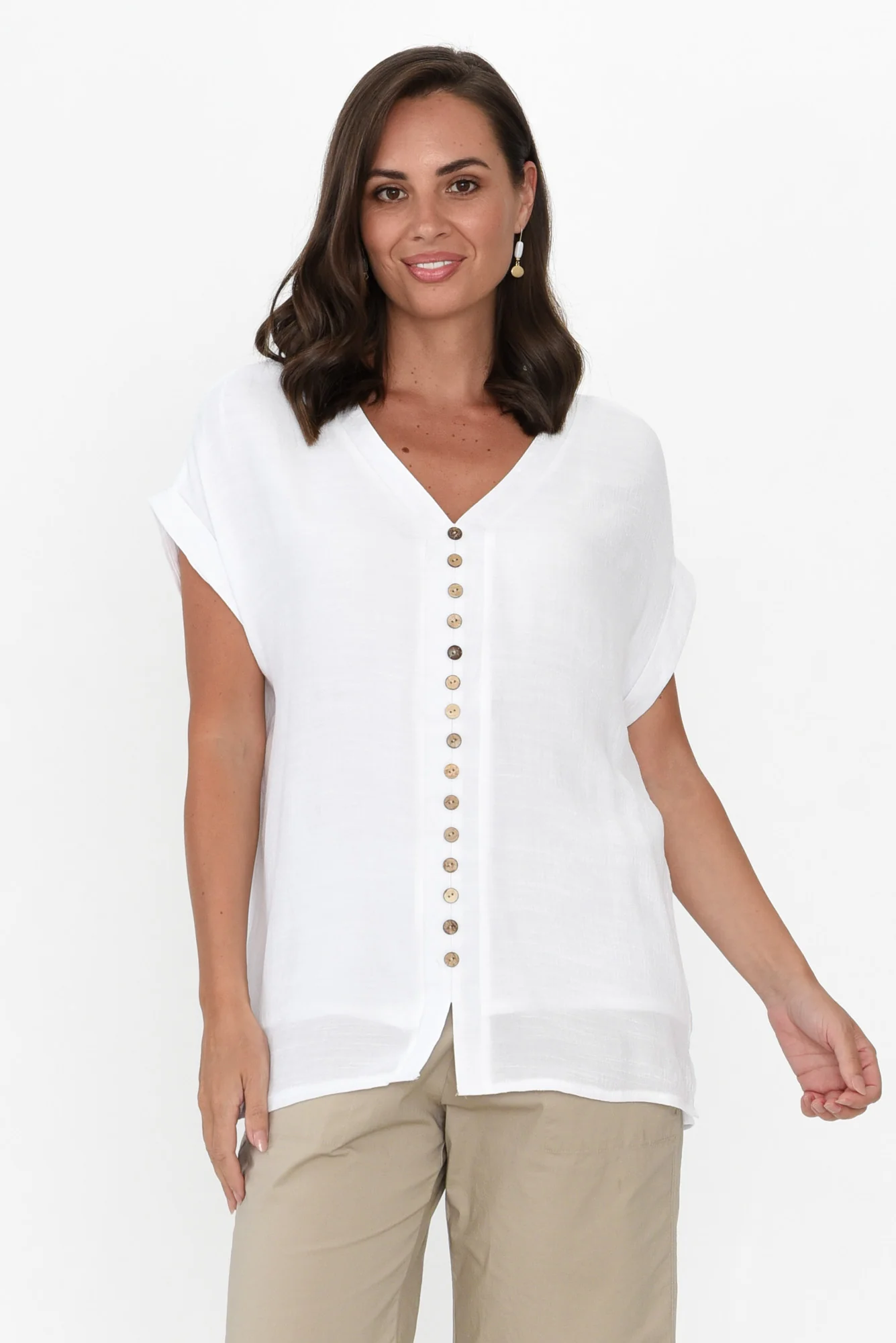Miray White Cotton Blend Button Top