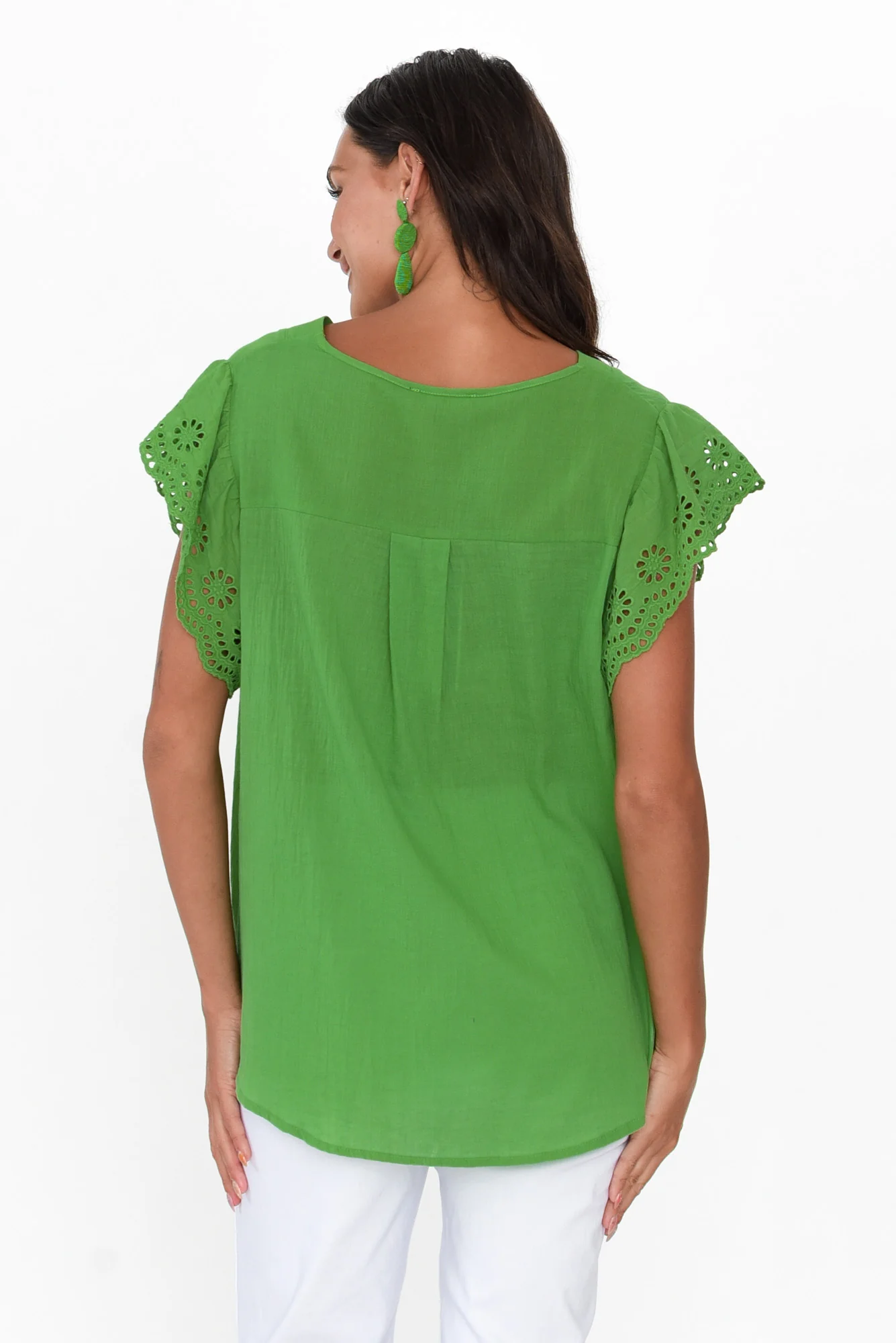 Ariel Green Cotton Embroidered Sleeve Top