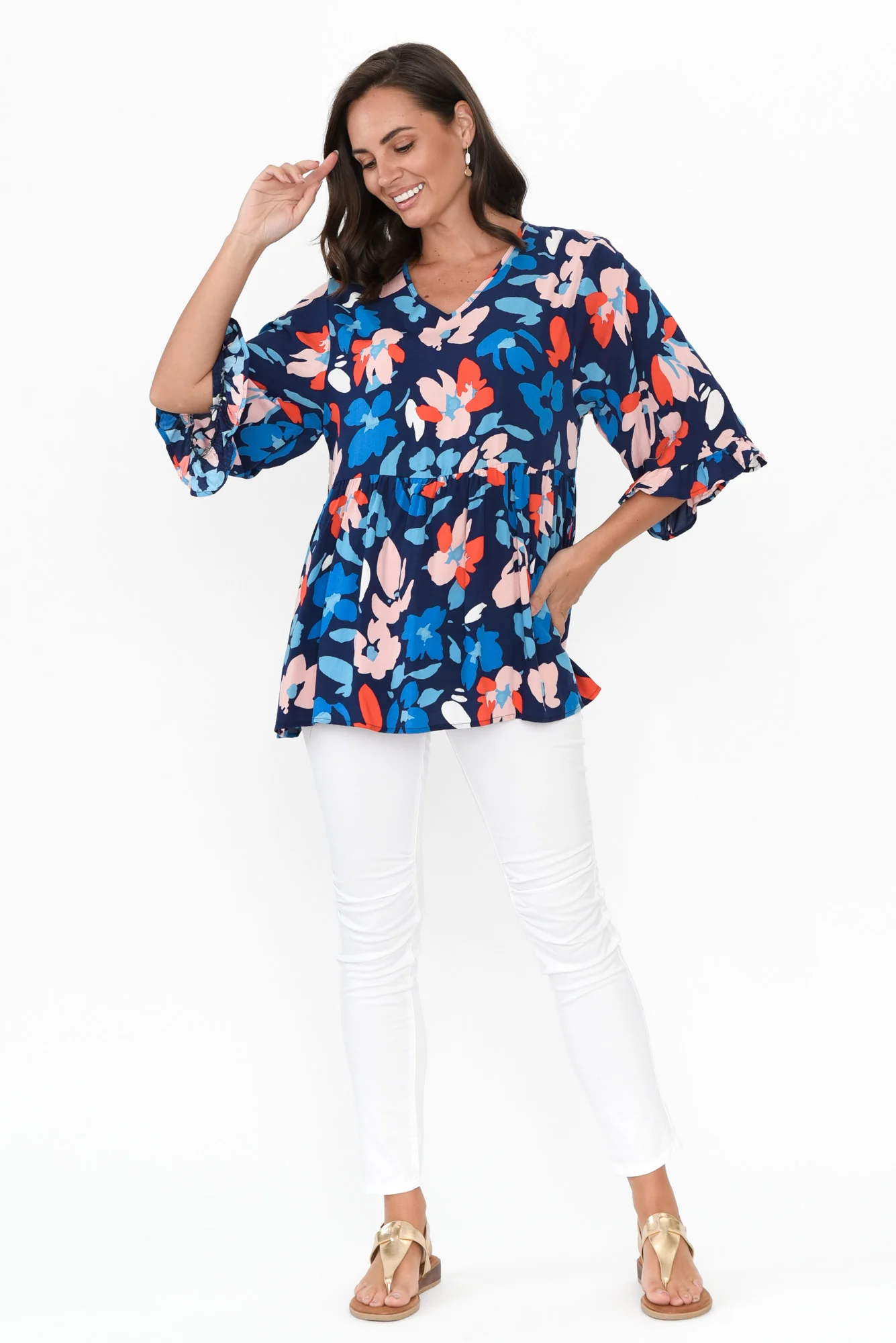 Renee Blue Bouquet Frill Top