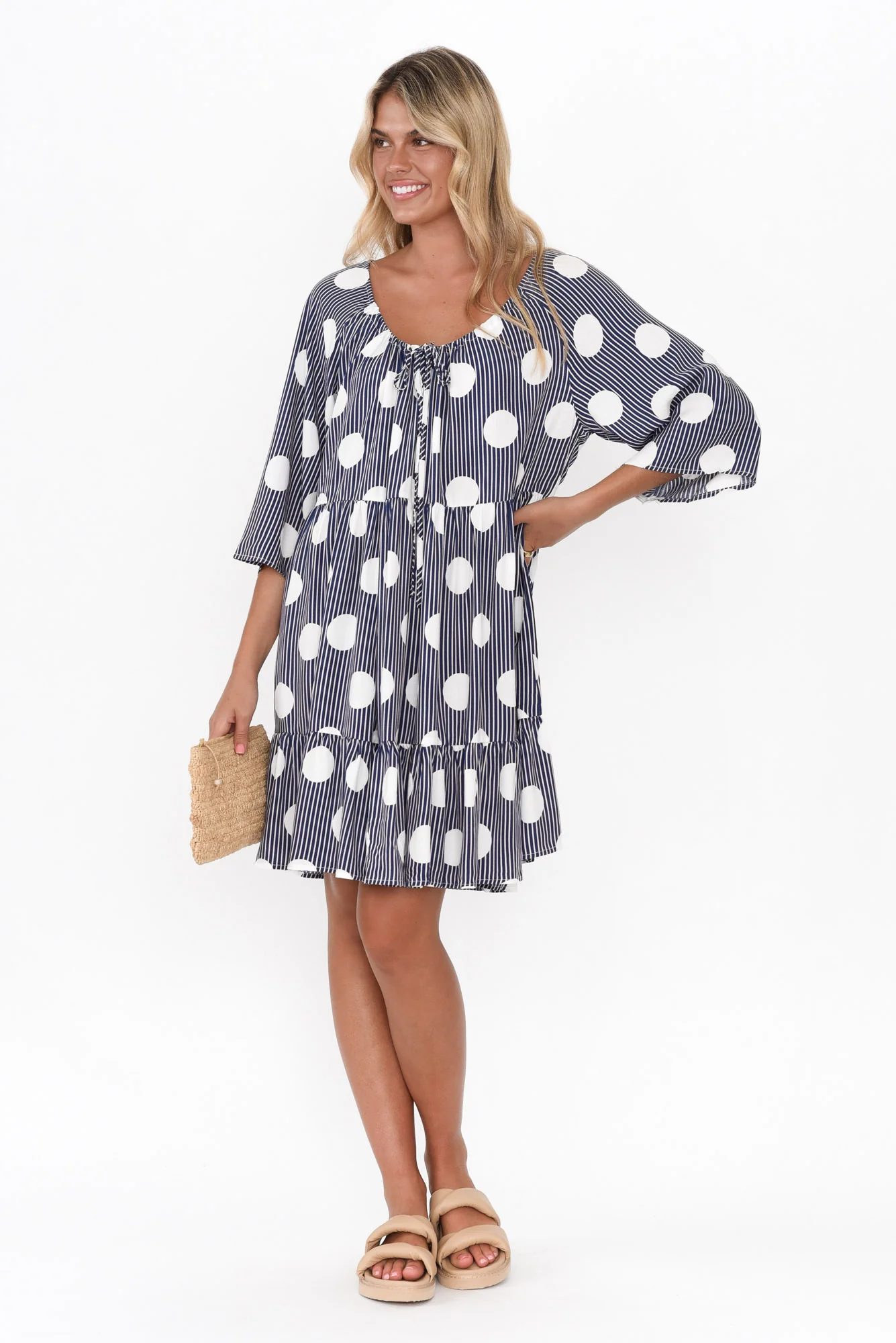 Deckler White Spot Tiered Dress