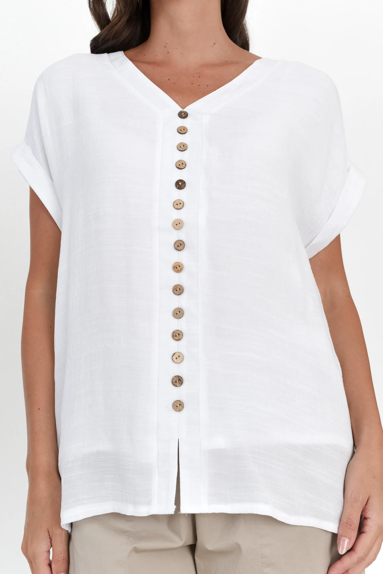 Miray White Cotton Blend Button Top