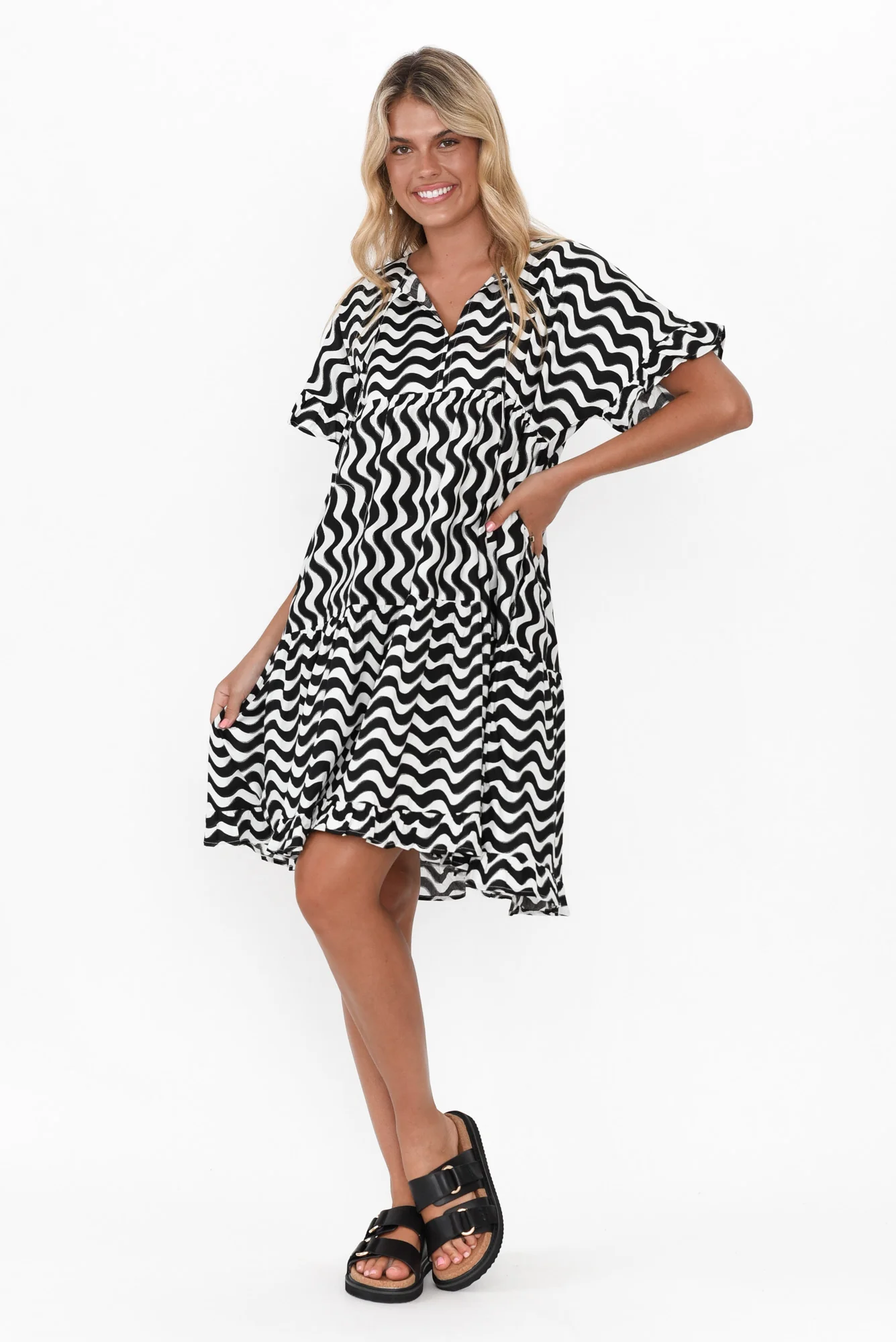 Larkin Black Wave Cotton Poplin Dress