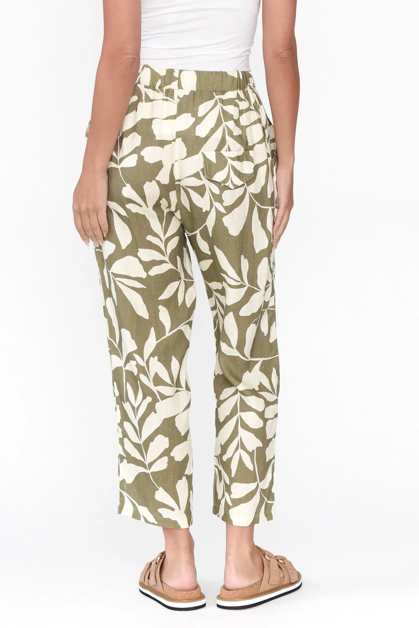 Jacqui Khaki Leaf Linen Pants
