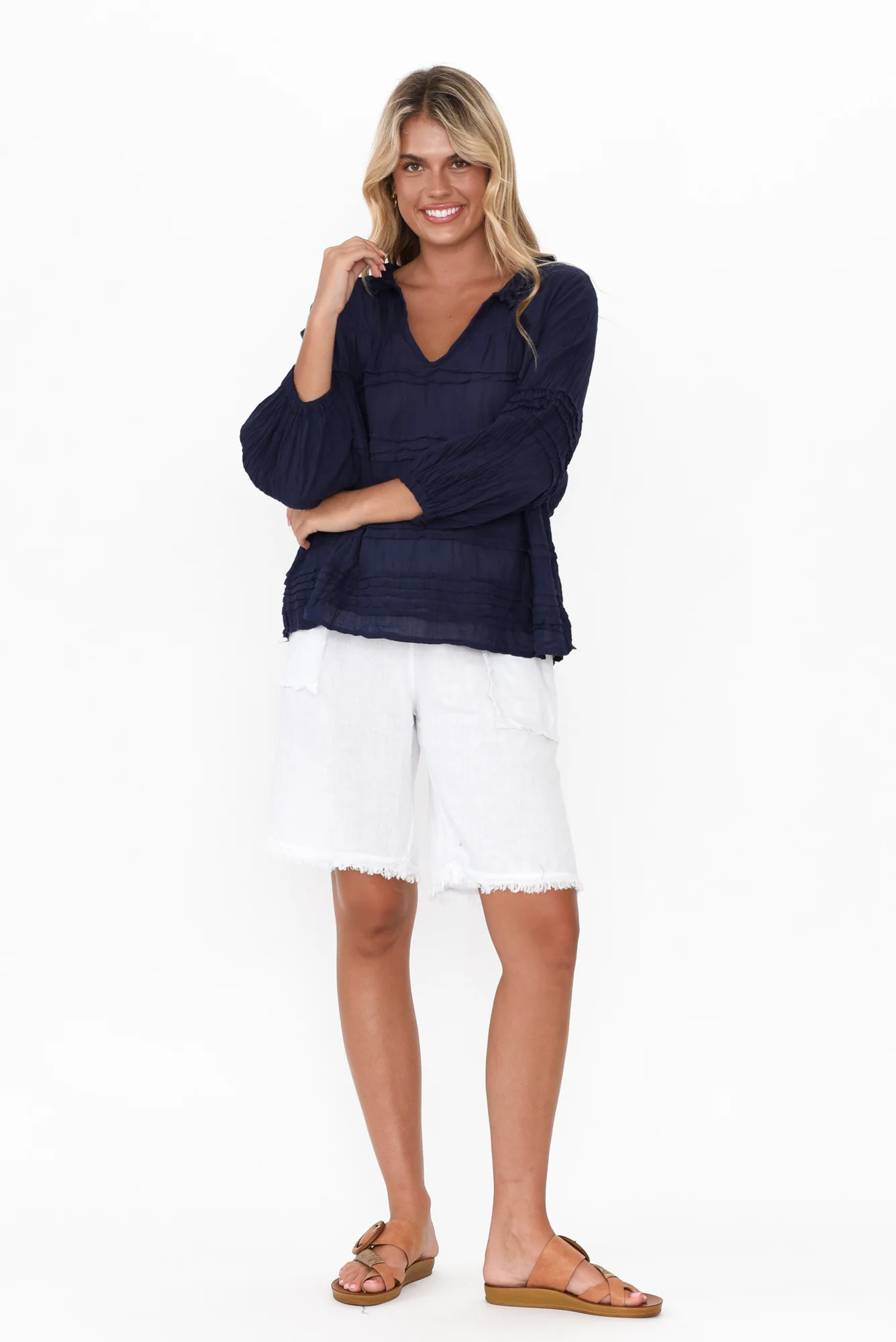 Palmer Navy Cotton Long Sleeve Top