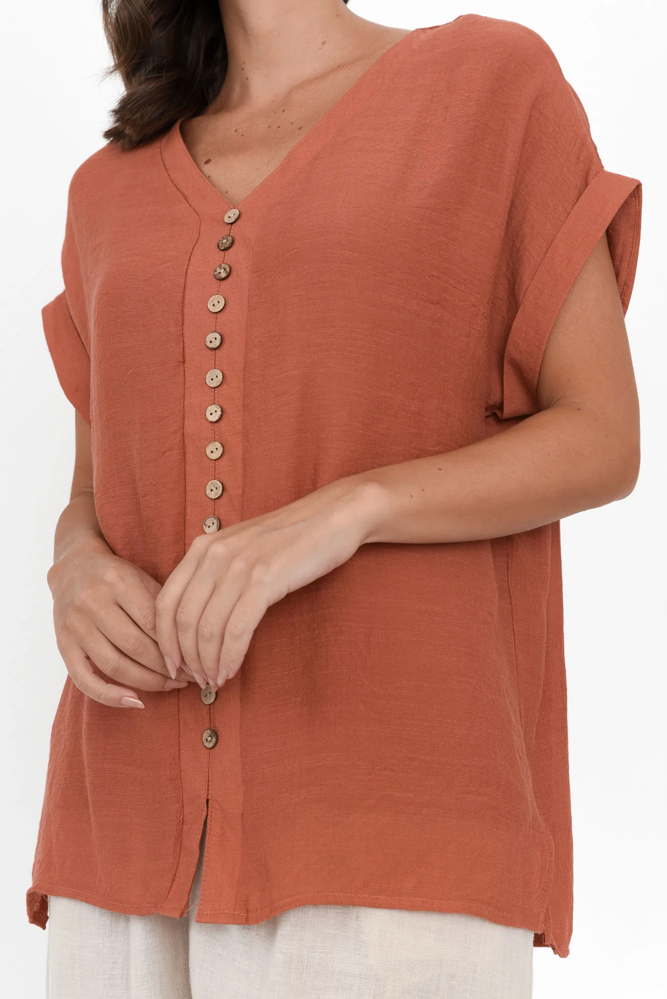 Miray Rust Cotton Blend Button Top