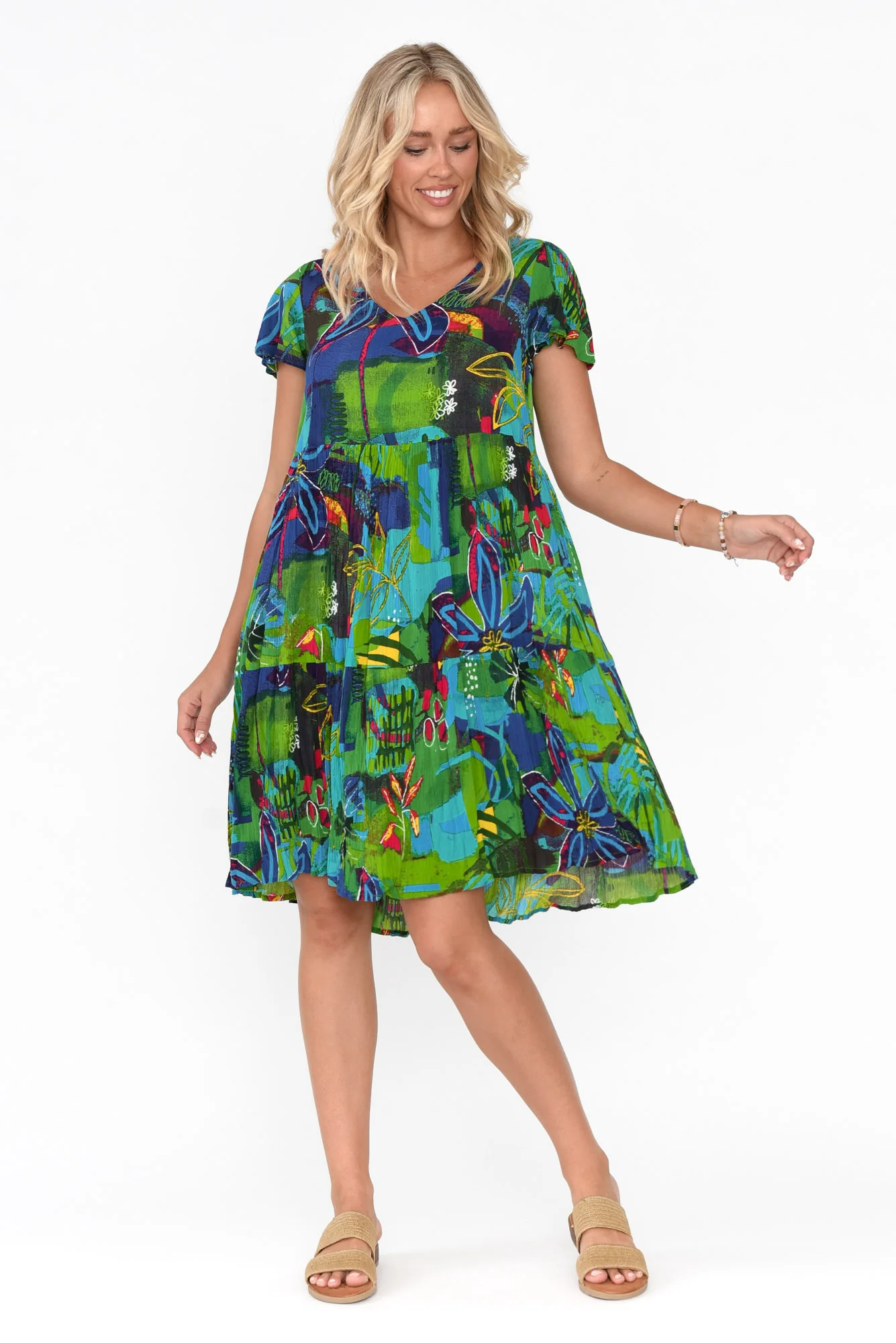 Azalea Turquoise Botanical Crinkle Dress