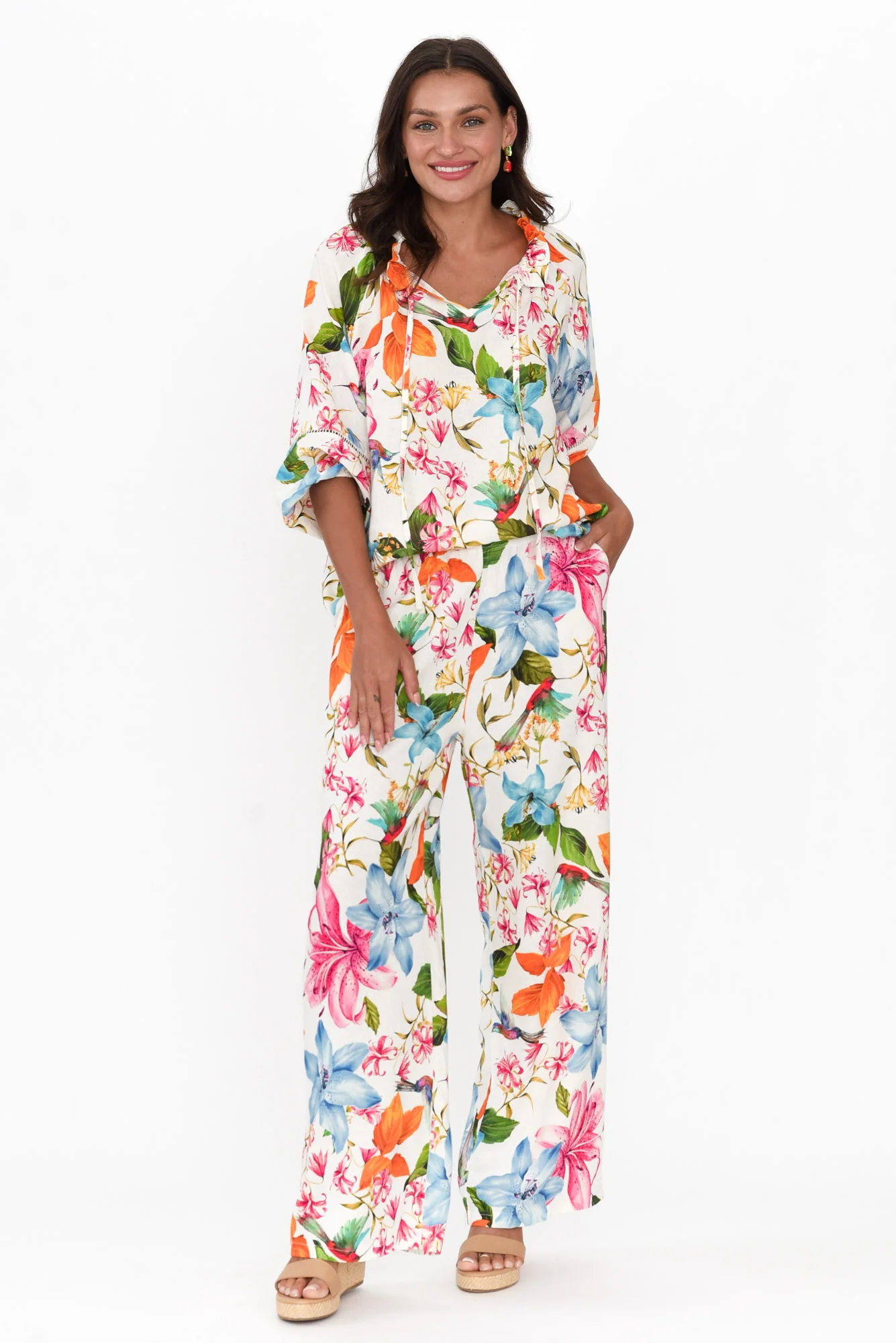 Picasso White Floral Linen Blend Top