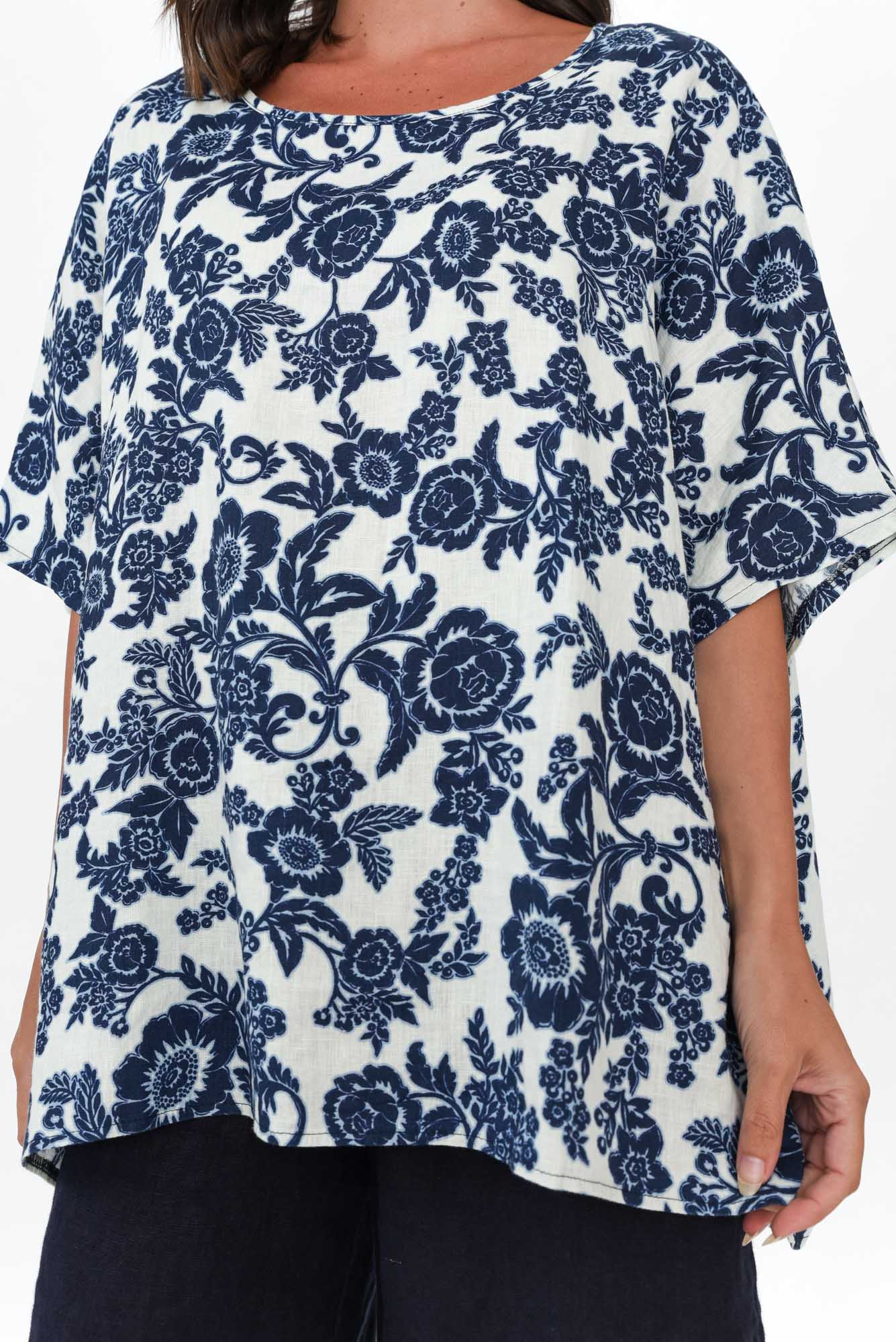 Martine Navy Floral Linen Top