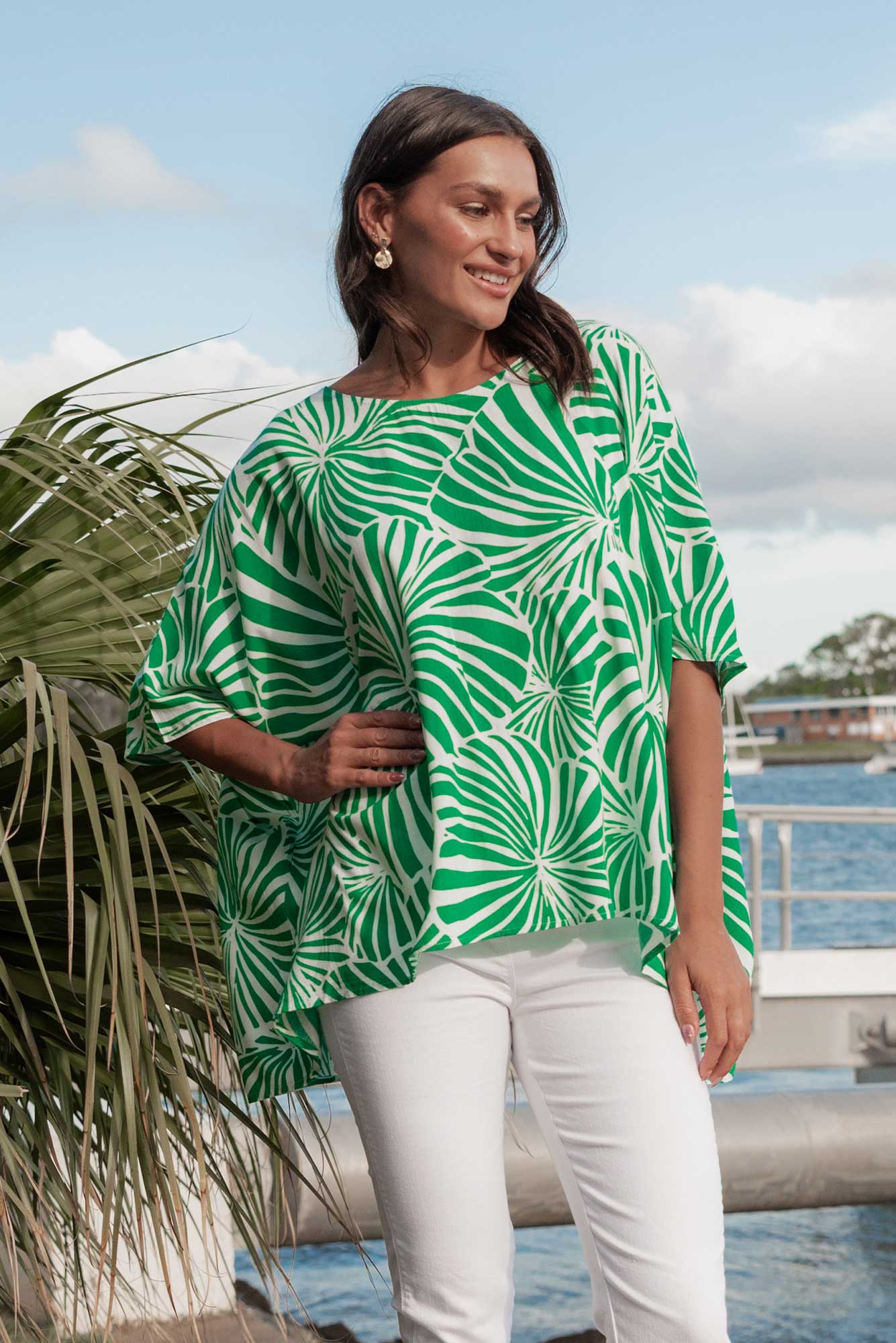 Trista Green Flower Drape Top