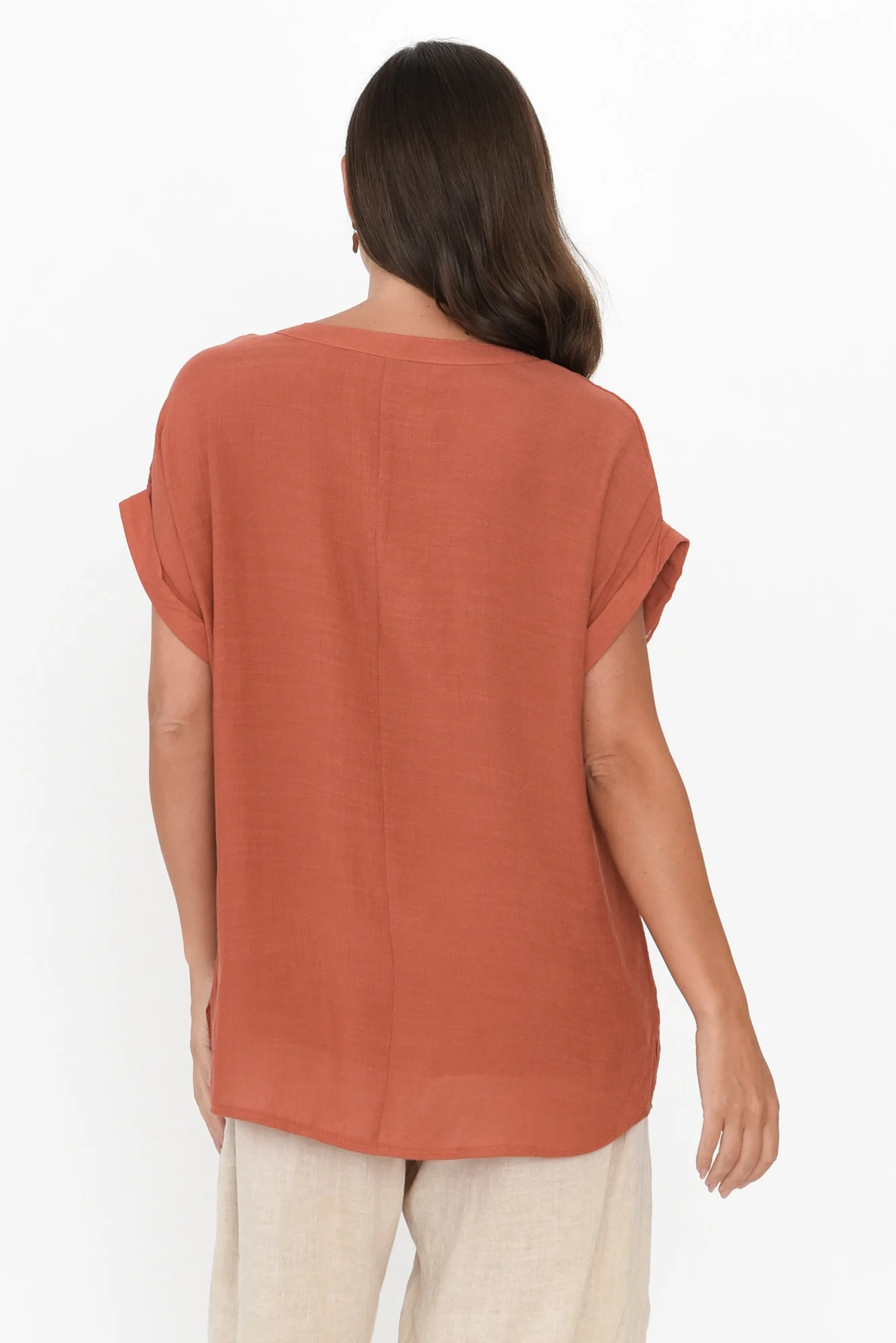 Miray Rust Cotton Blend Button Top