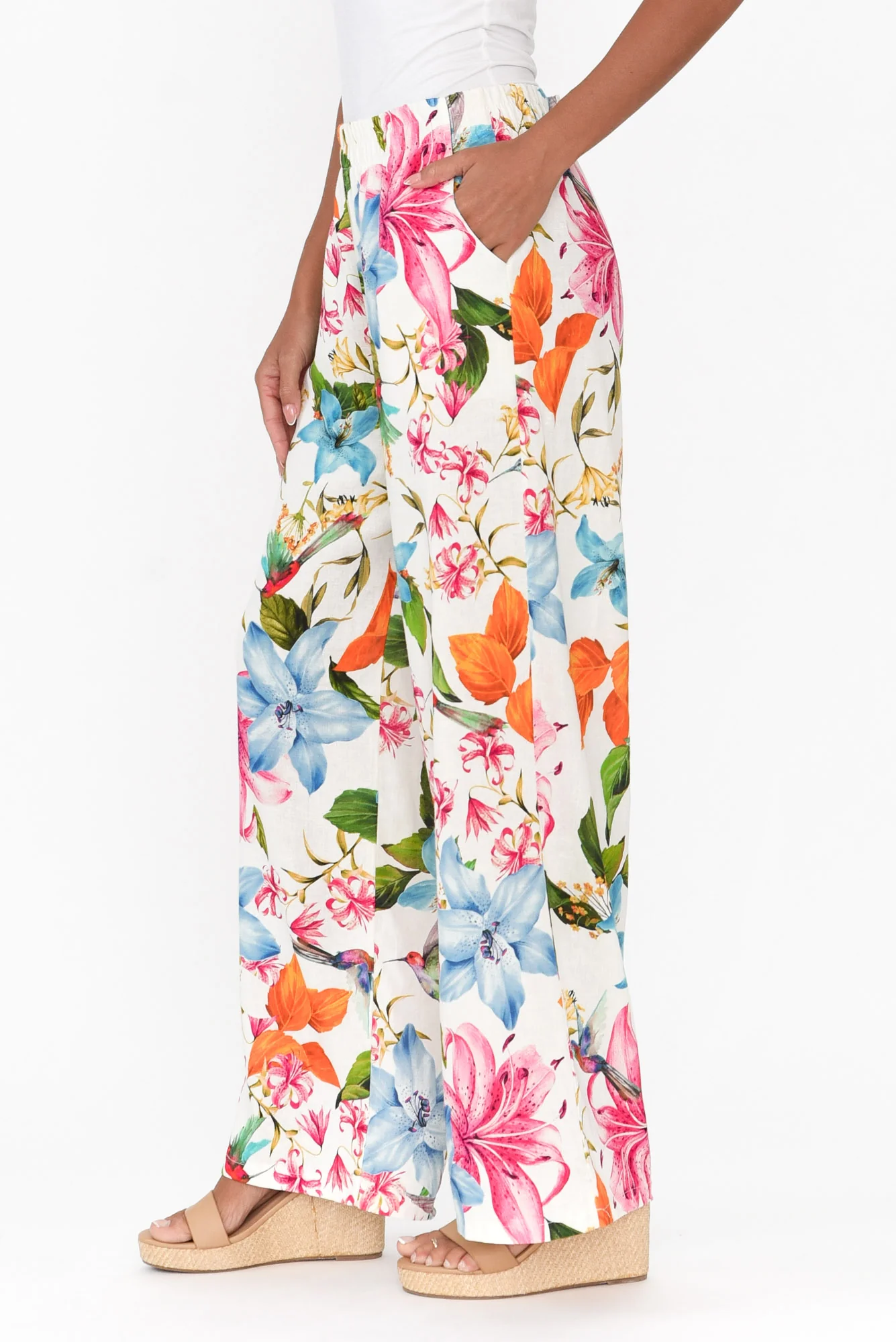 Malory White Floral Linen Blend Pants