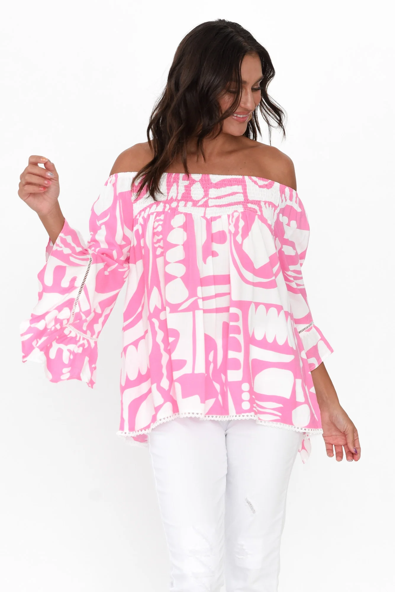 Violet Pink Abstract Bell Sleeve Top