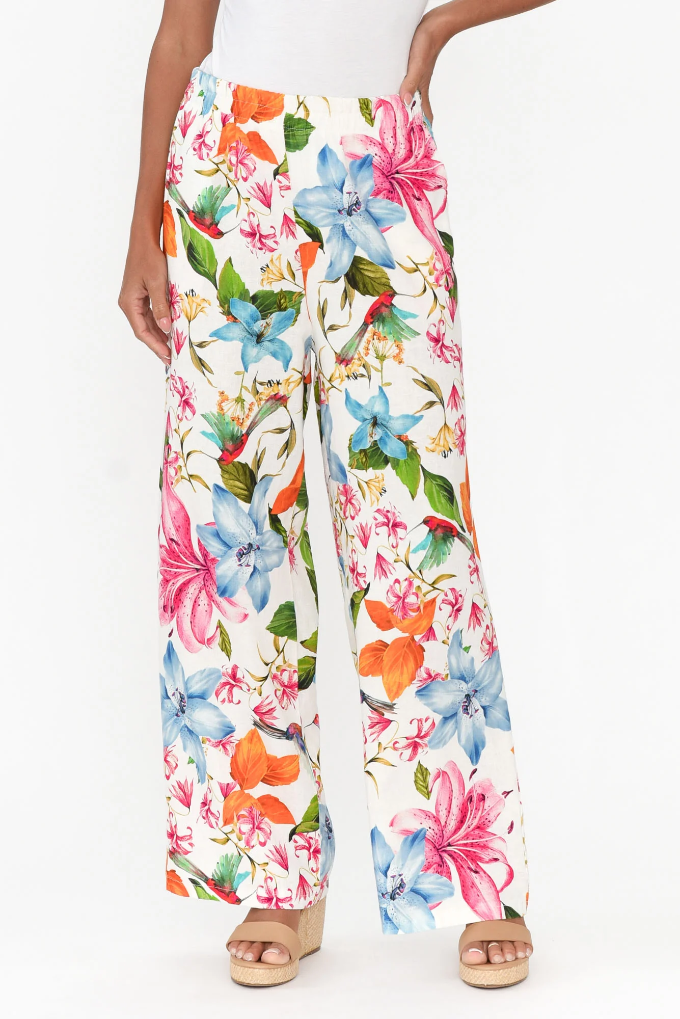 Malory White Floral Linen Blend Pants