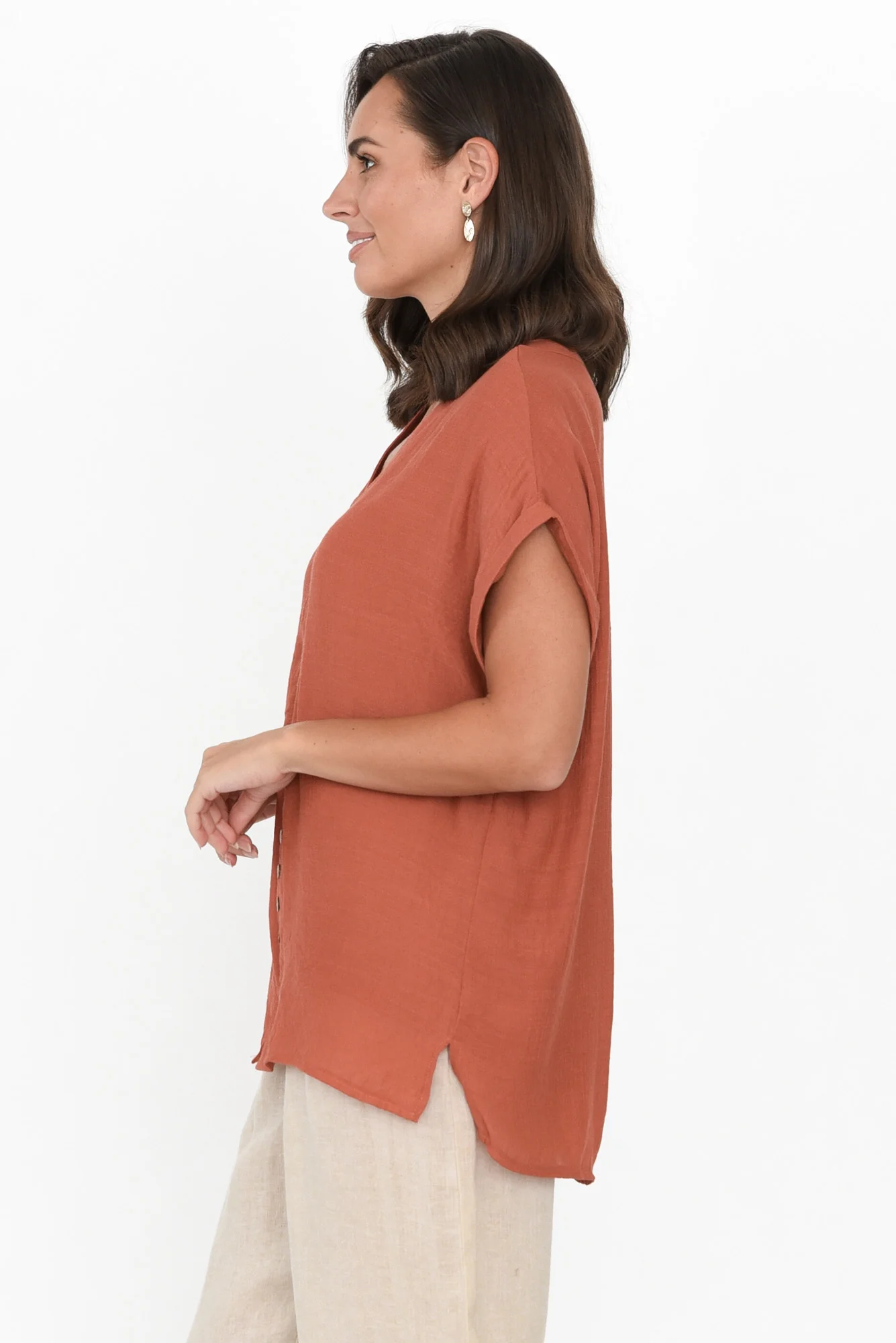 Miray Rust Cotton Blend Button Top