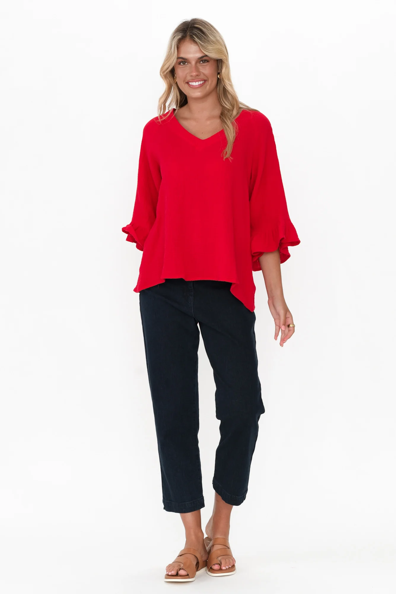 Anissa Red Cotton Frill Top