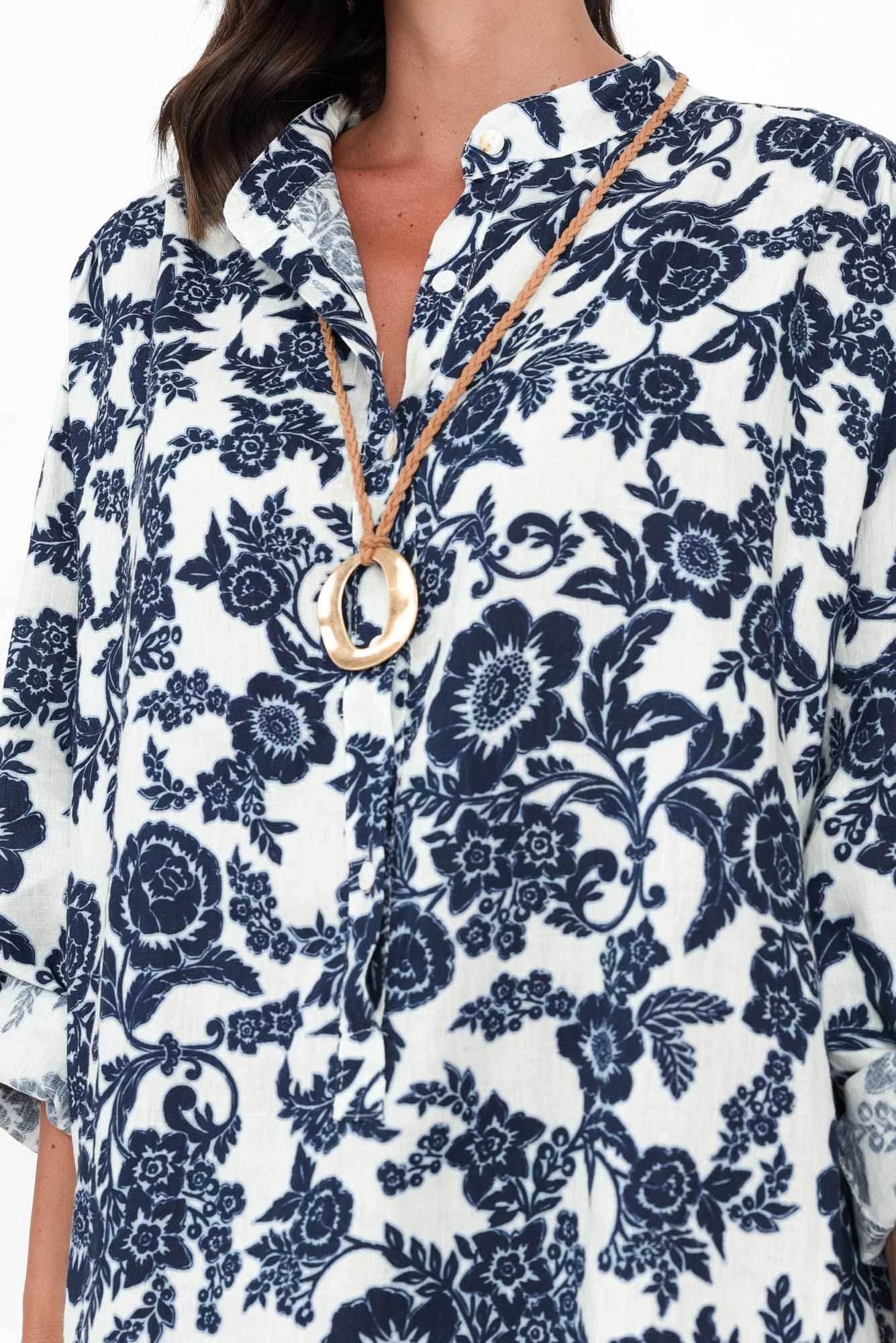 Zuko Navy Floral Linen Shirt Dress