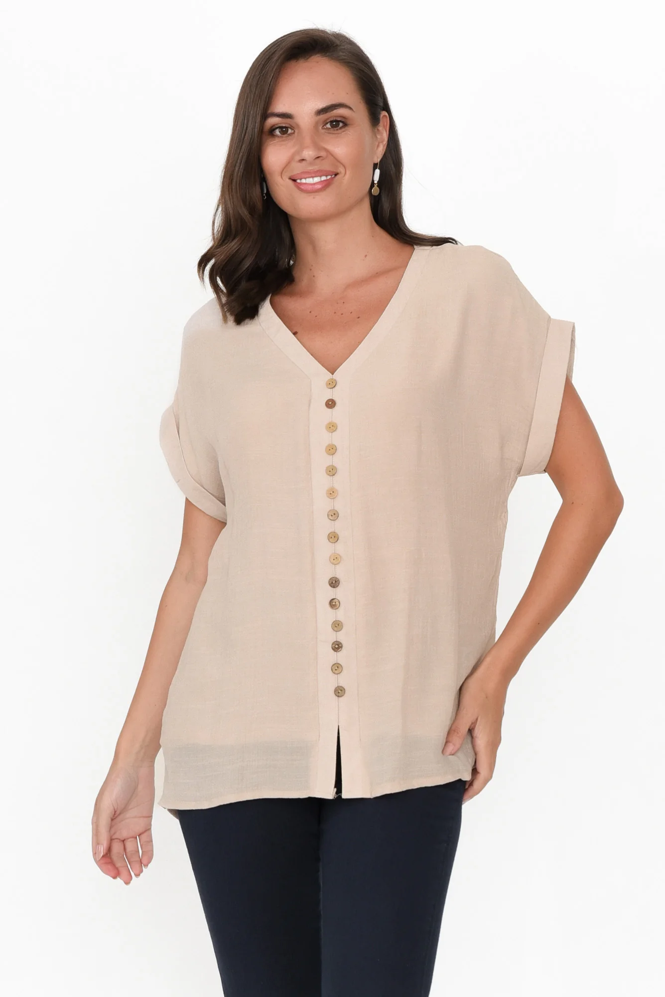 Miray Beige Cotton Blend Button Top