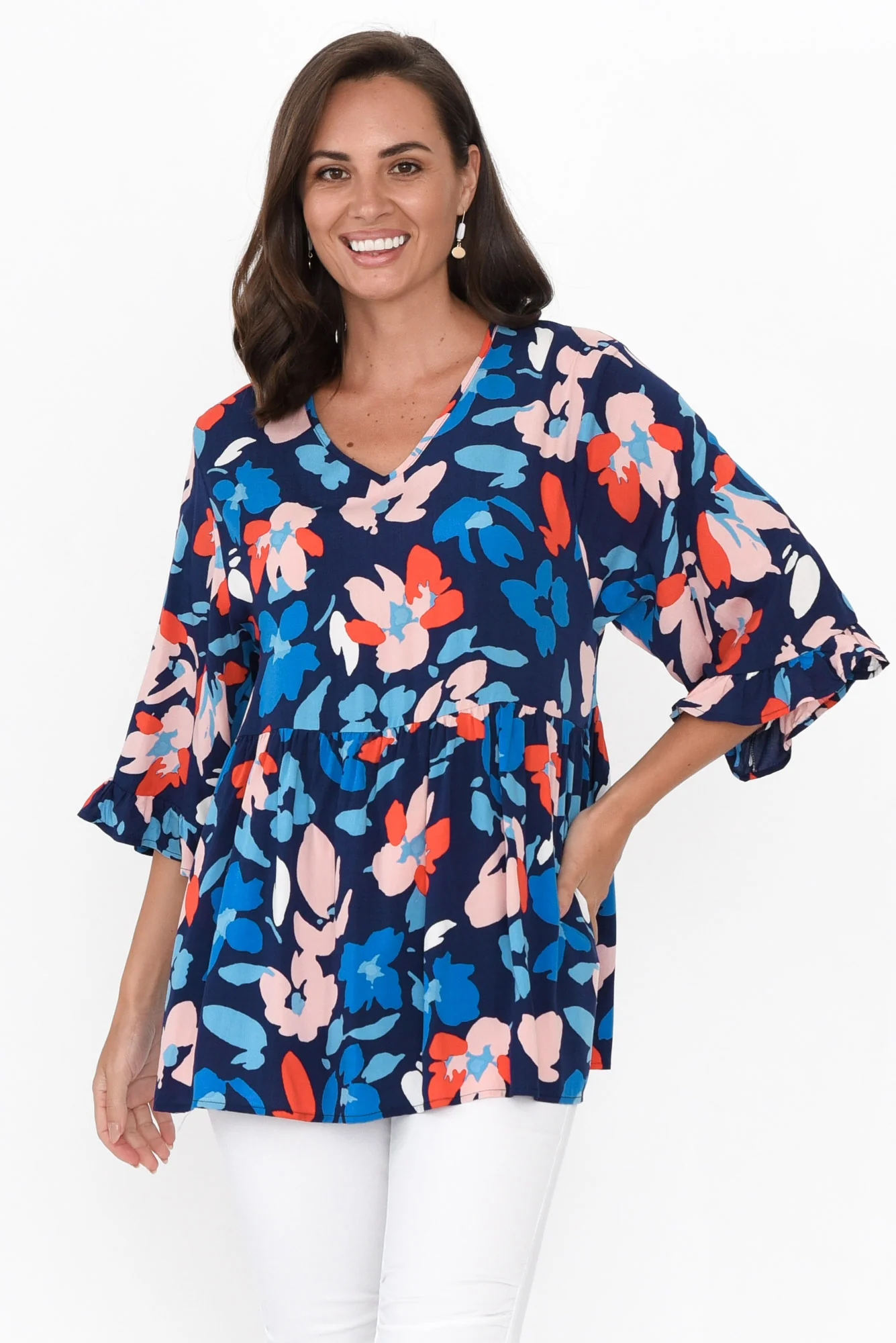 Renee Blue Bouquet Frill Top