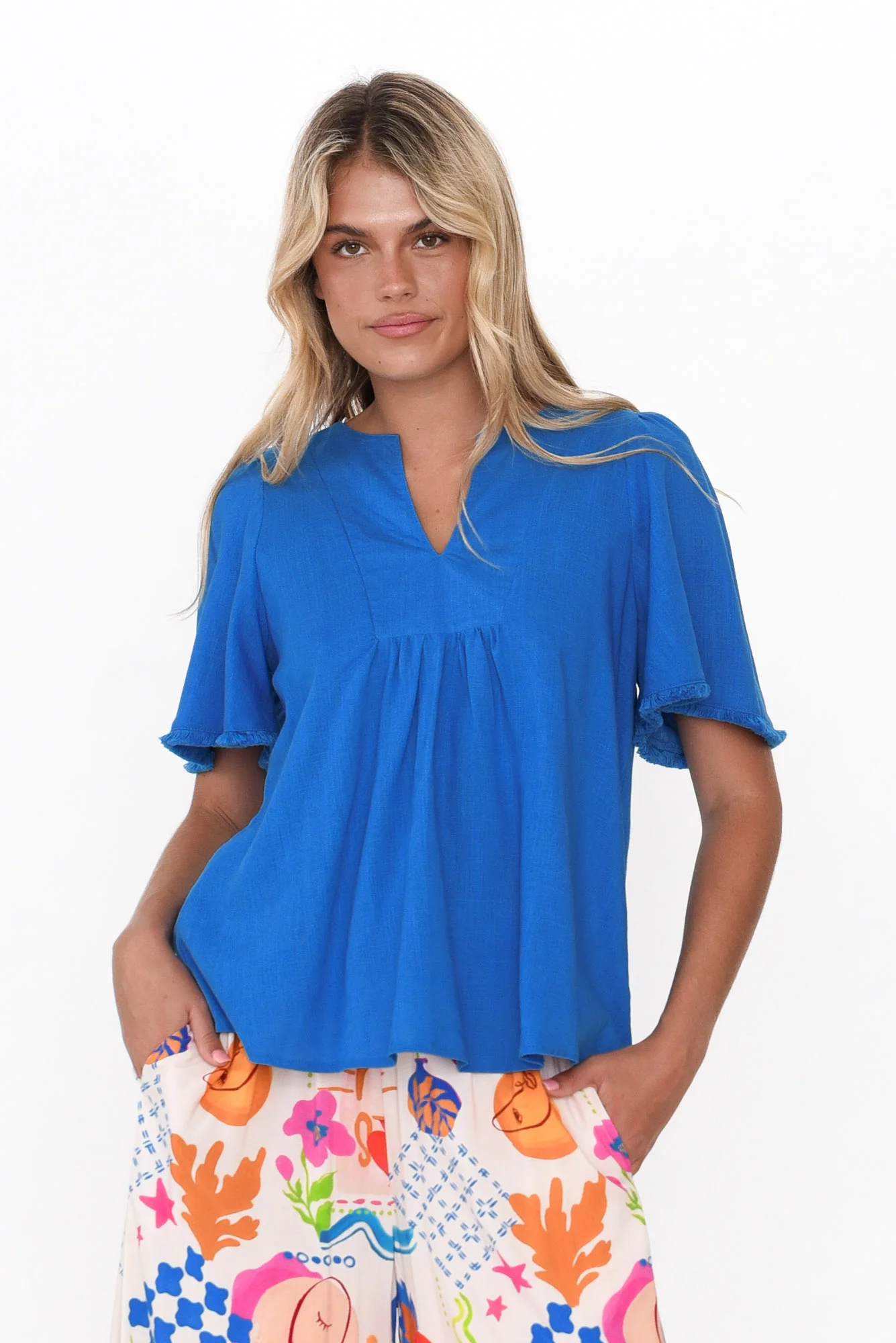 Bronco Blue Flutter Sleeve Top