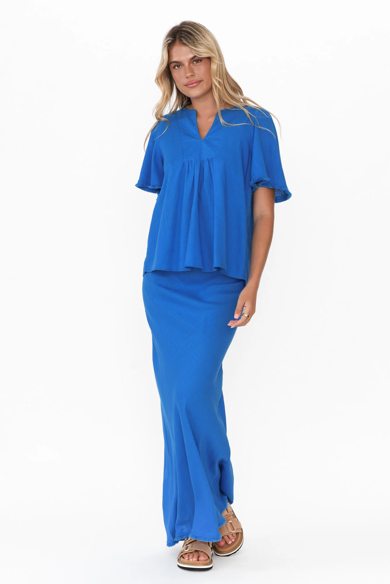 Bronco Blue Flutter Sleeve Top