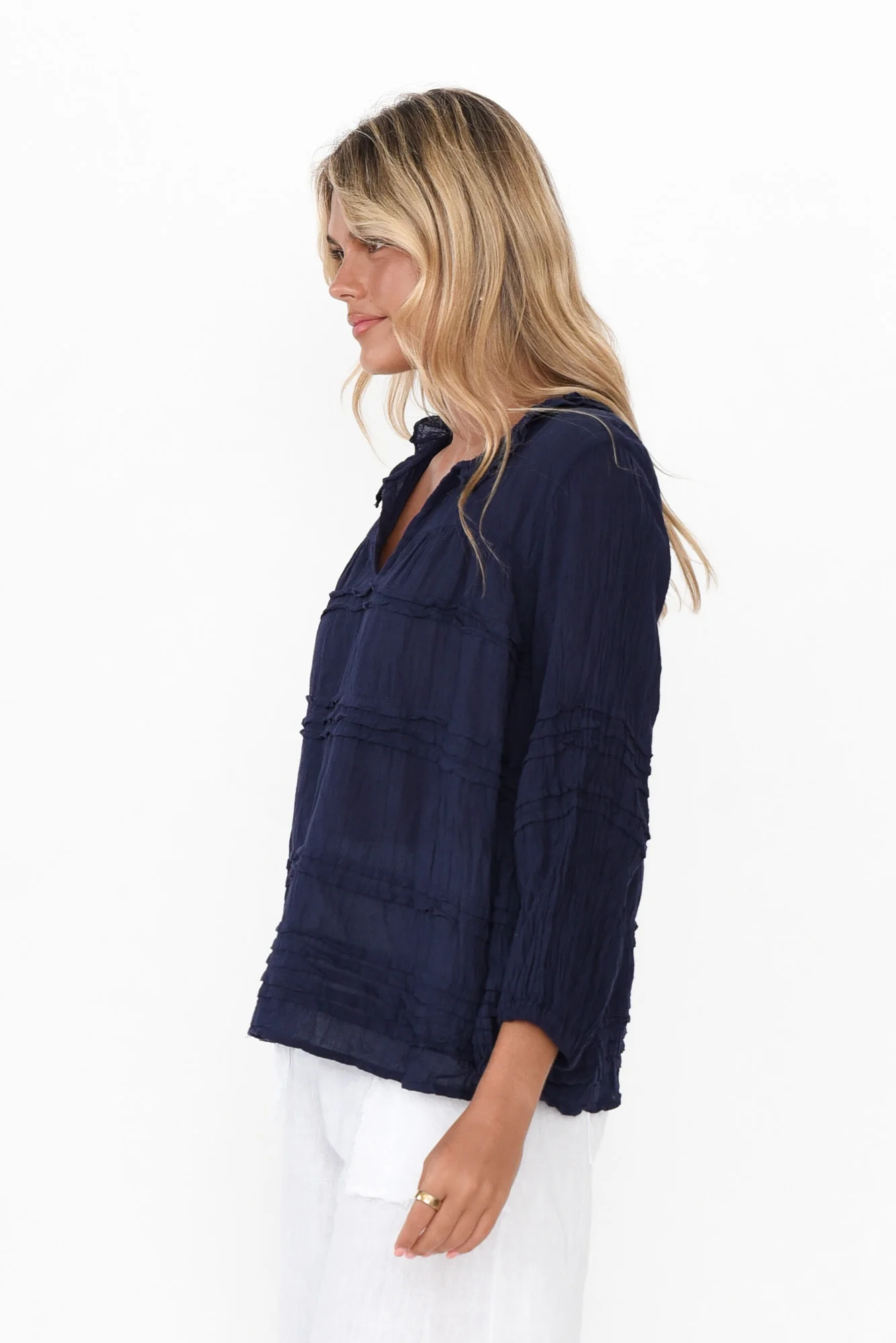 Palmer Navy Cotton Long Sleeve Top