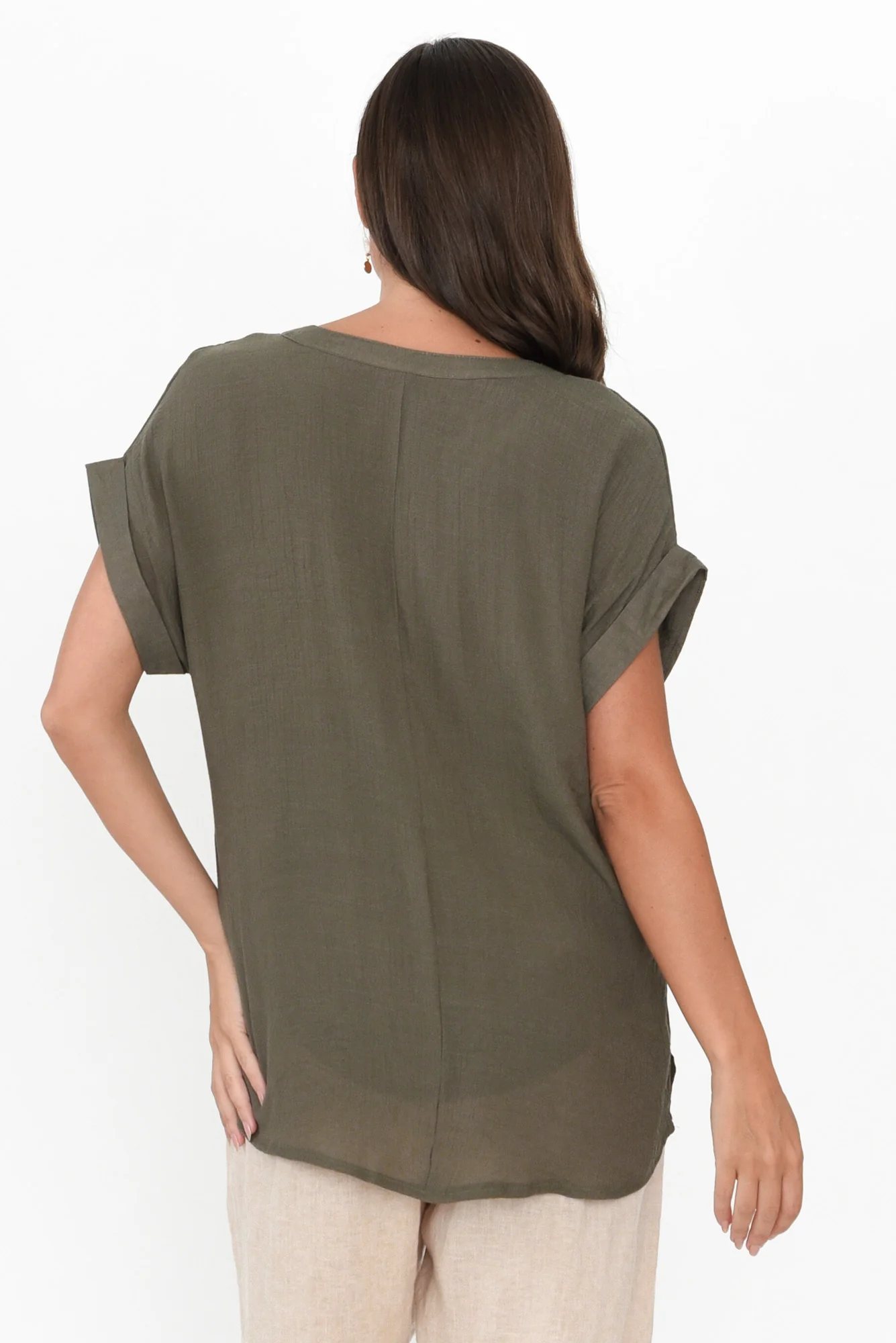 Miray Khaki Cotton Blend Button Top