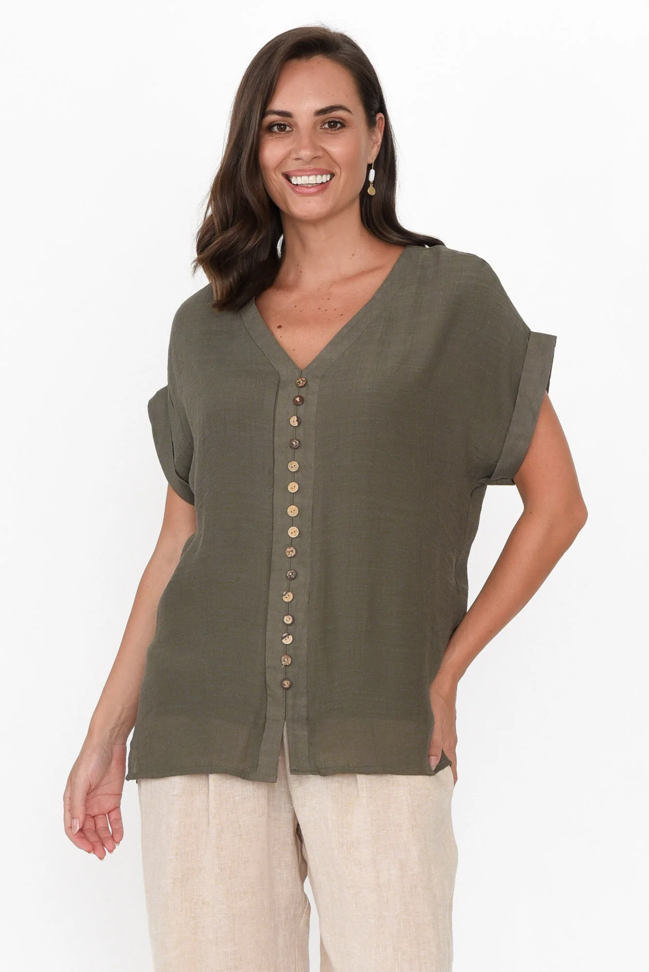 Miray Khaki Cotton Blend Button Top