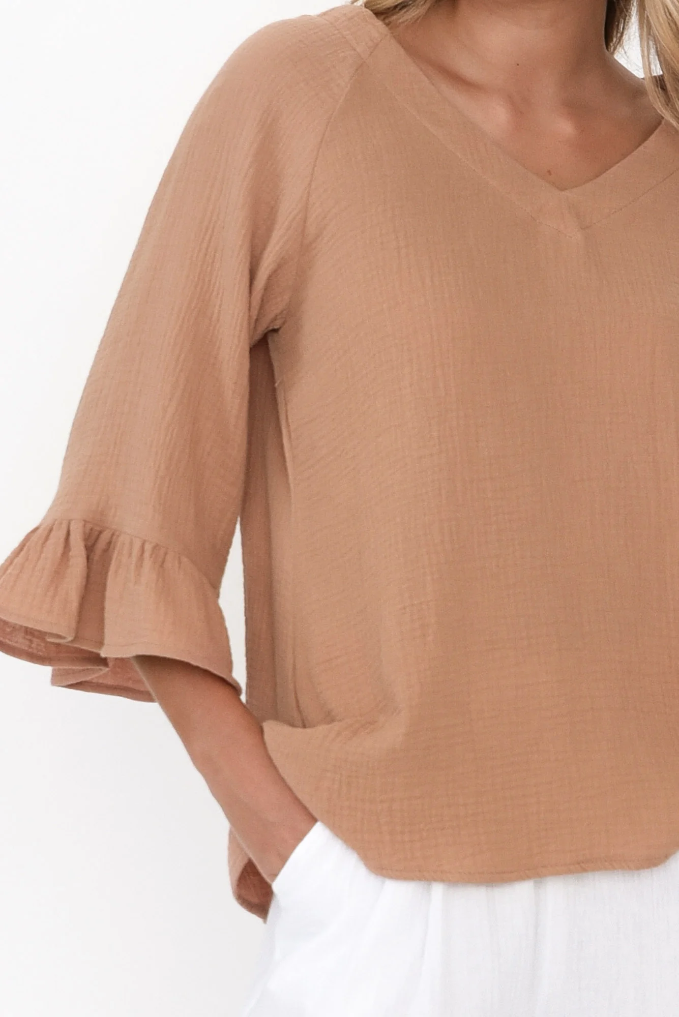 Anissa Mocha Cotton Frill Top