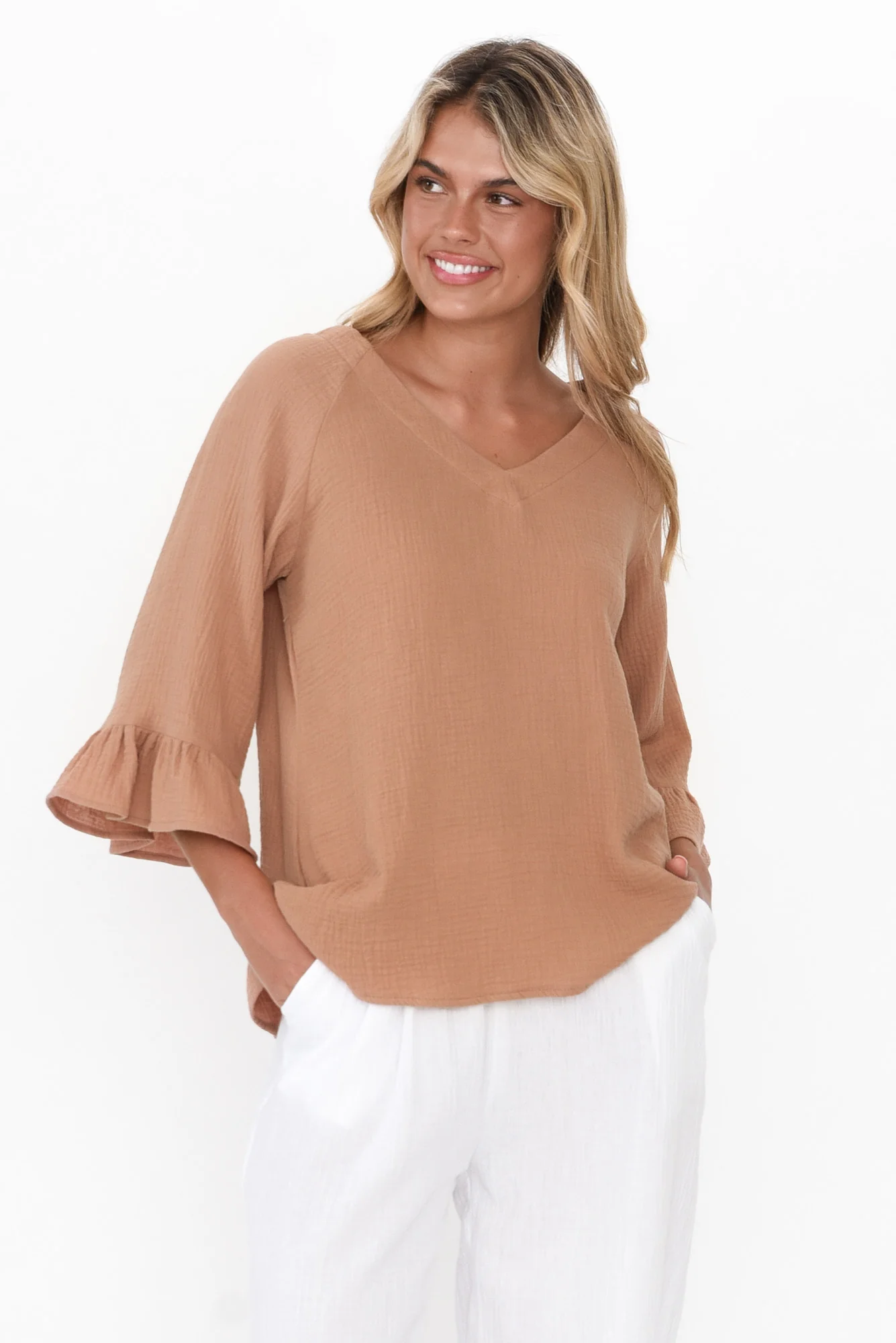 Anissa Mocha Cotton Frill Top