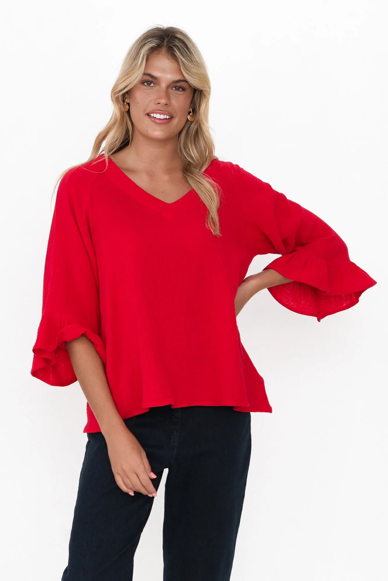 Anissa Red Cotton Frill Top