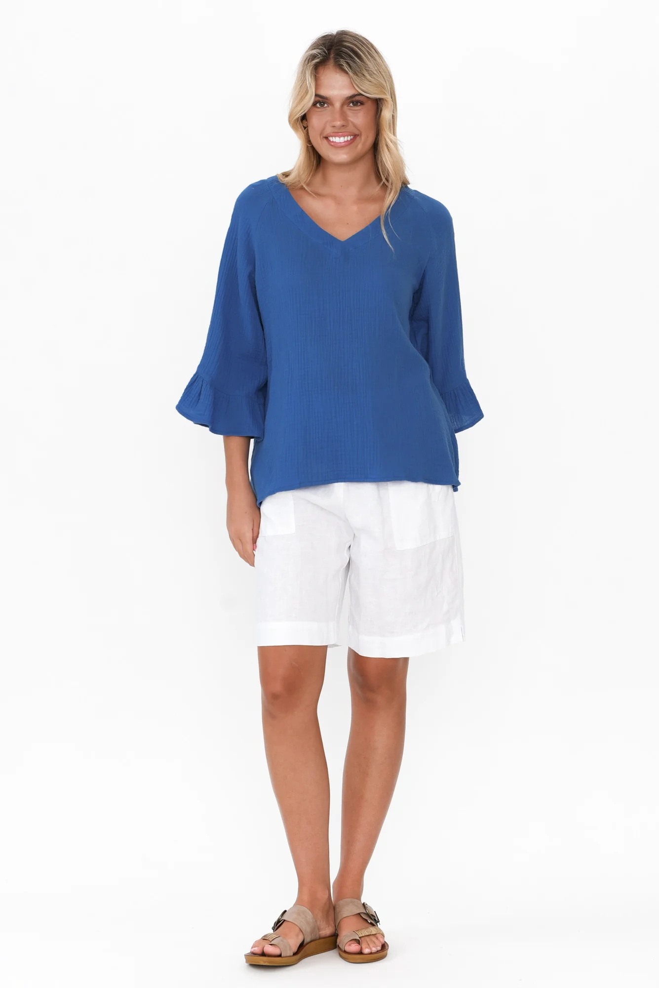 Anissa Cobalt Cotton Frill Top