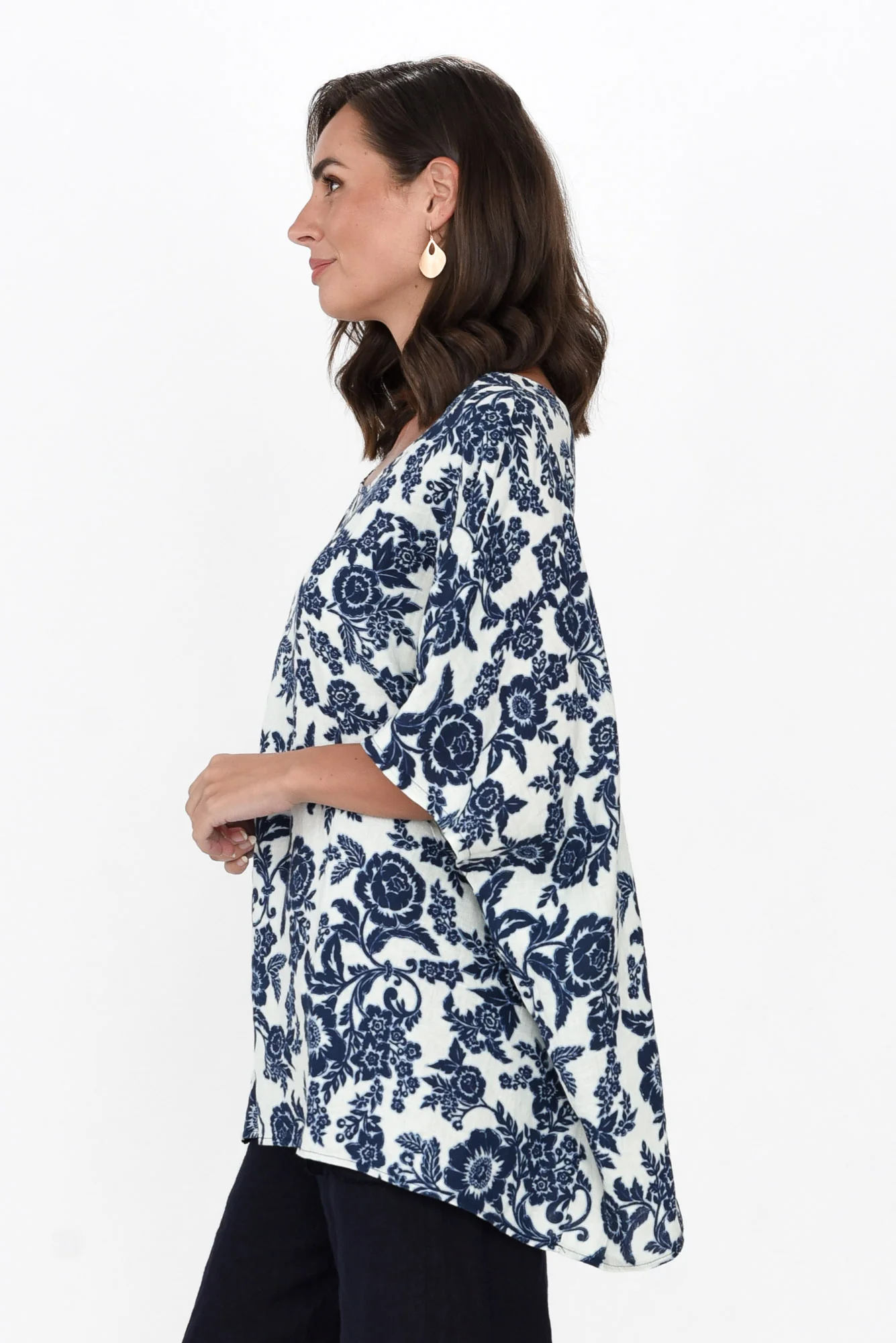Martine Navy Floral Linen Top
