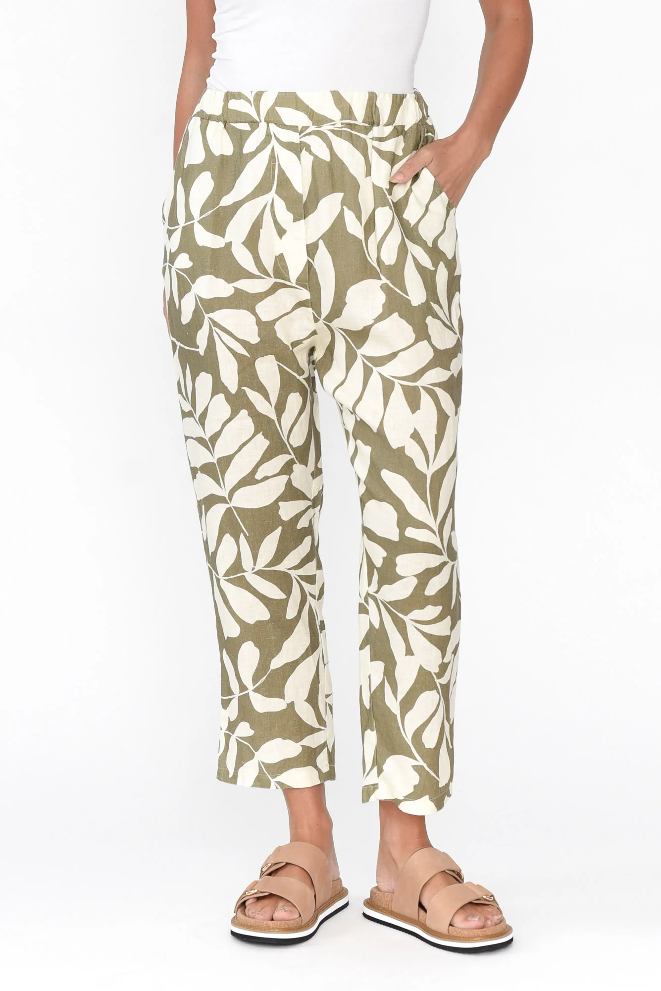 Jacqui Khaki Leaf Linen Pants