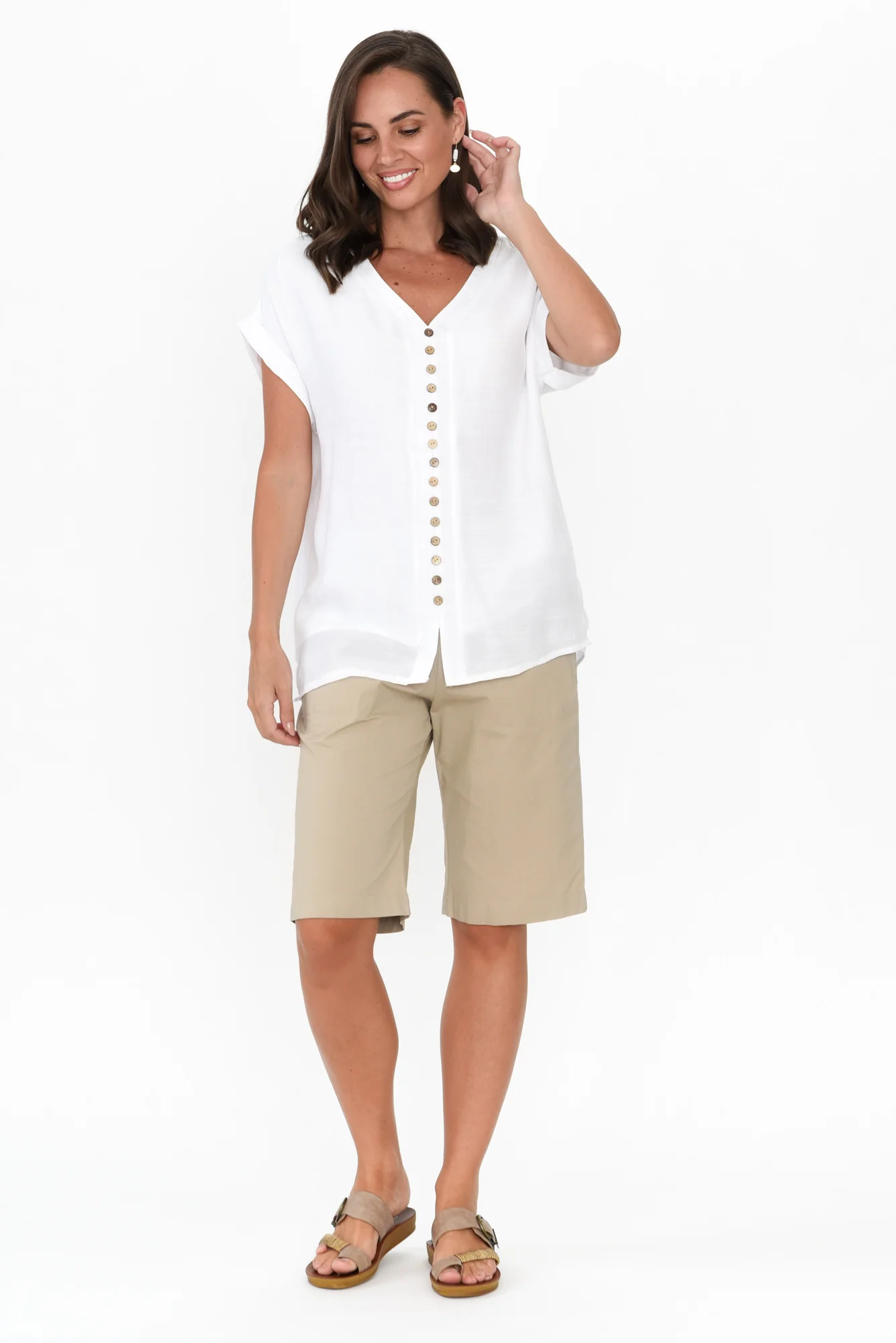 Miray White Cotton Blend Button Top