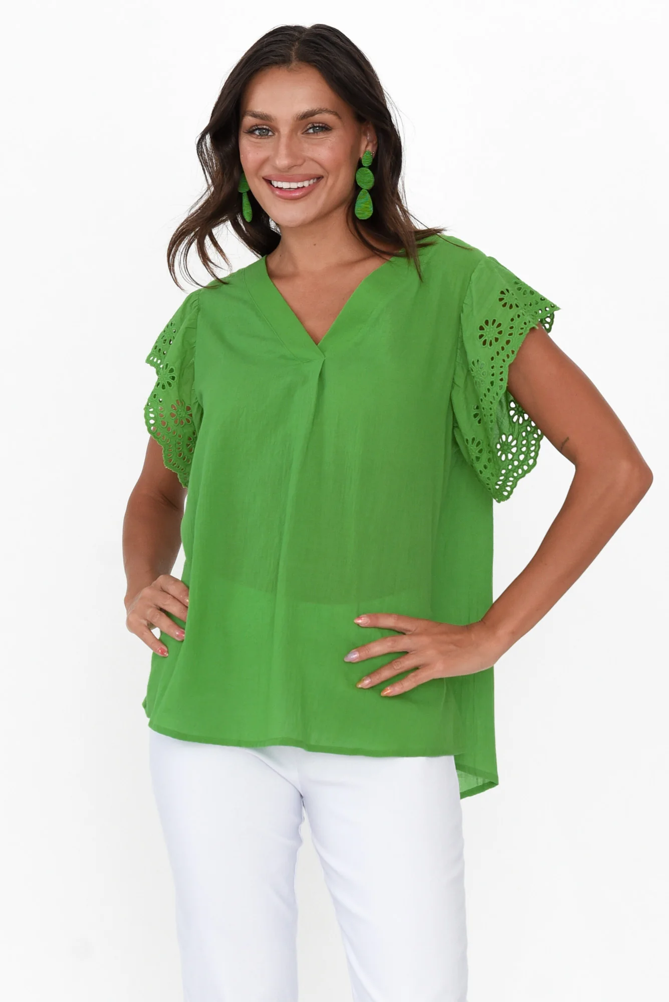 Ariel Green Cotton Embroidered Sleeve Top