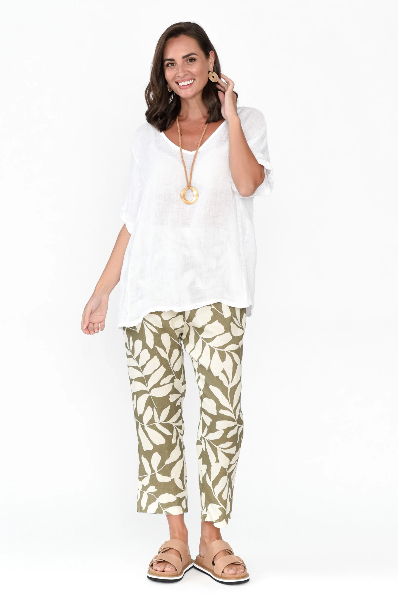 Jacqui Khaki Leaf Linen Pants