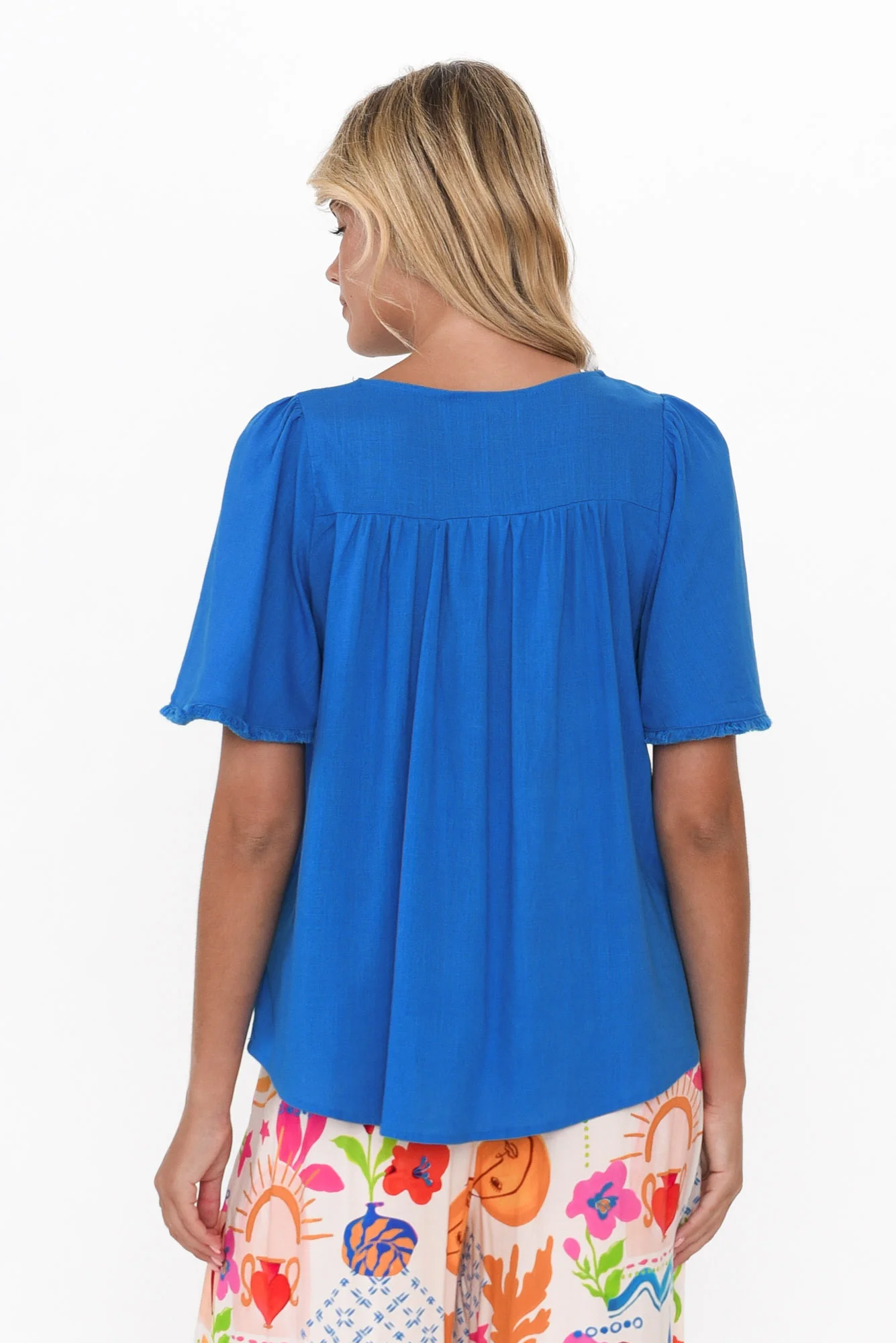 Bronco Blue Flutter Sleeve Top