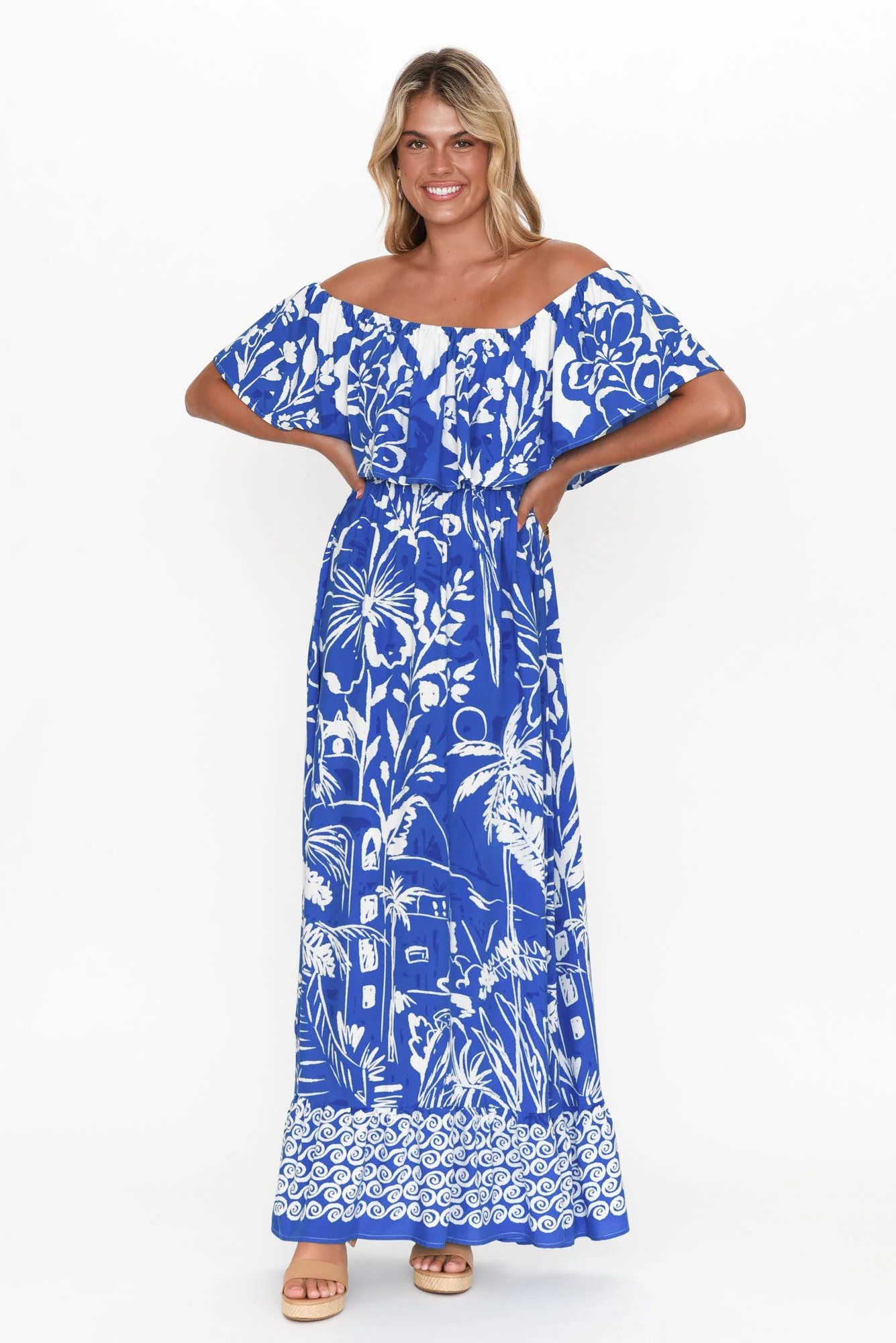 Darden Cobalt Tropical Off Shoulder Dress