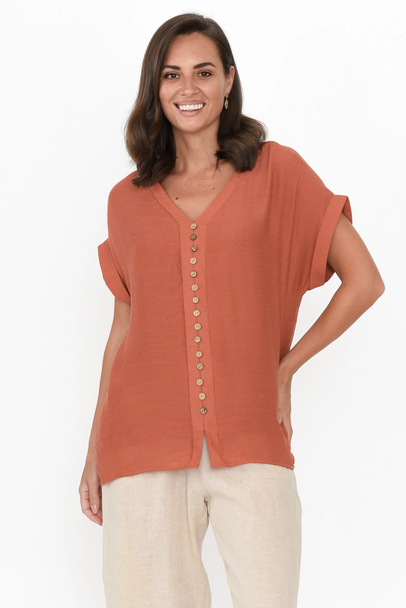 Miray Rust Cotton Blend Button Top