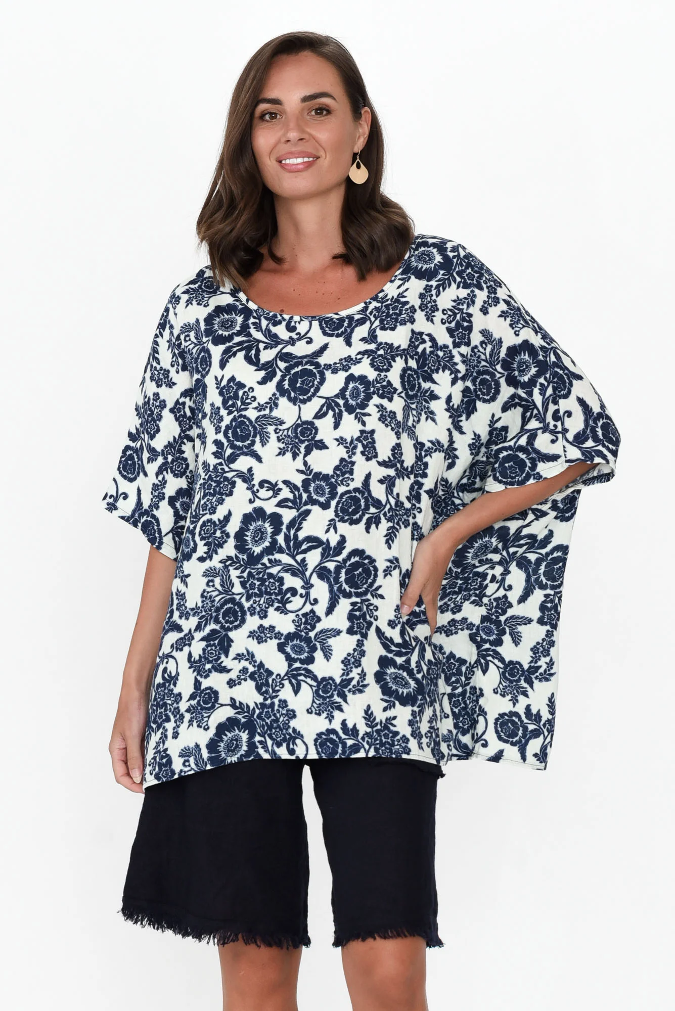 Martine Navy Floral Linen Top